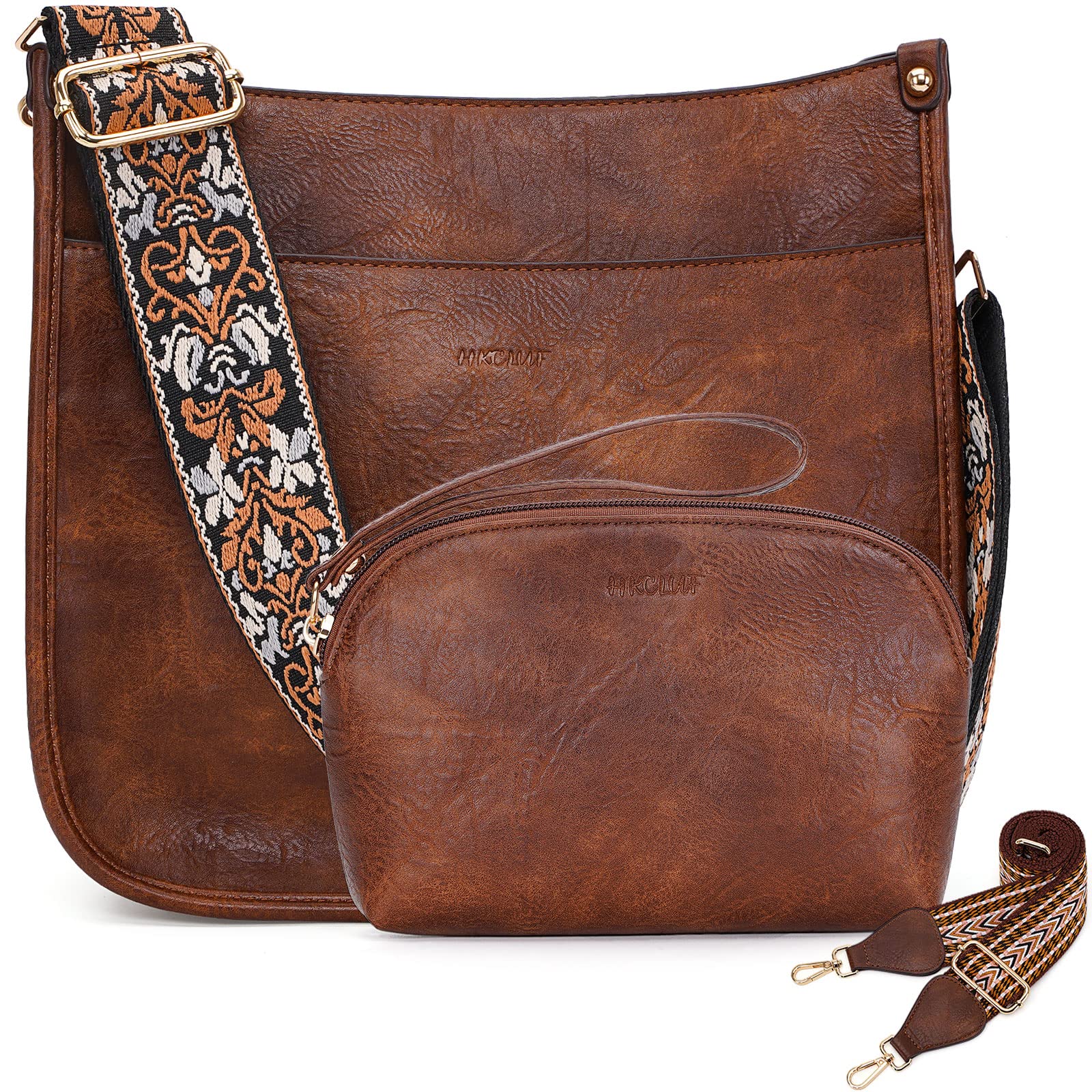 HKCLUF Women's Leather Crossbody Bag & Wallet Set - 2PCS Adjustable Shoulder Purse with Guitar Strap | Perfect for Travel, Shopping & Everyday Use