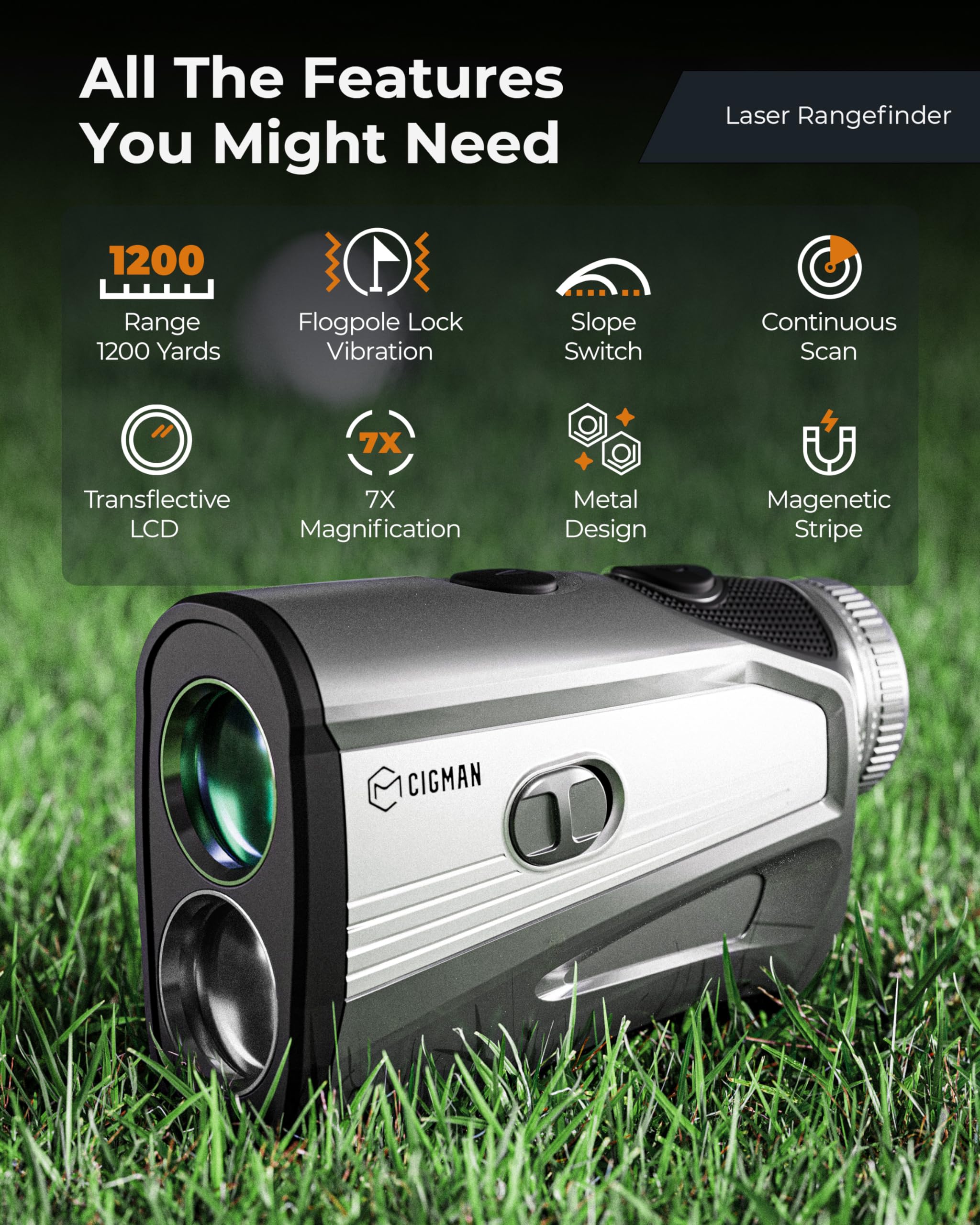 CIGMAN 850-1200 Yards Golf Laser Rangefinder with Slope - Rechargeable Magnetic Golf Range Finder with Continuous Scan, High-Precision LCD/OLED Screen, Flag Pole Lock & Vibration, 7X Magnification - Perfect for Golfing & Hunting Adventures
