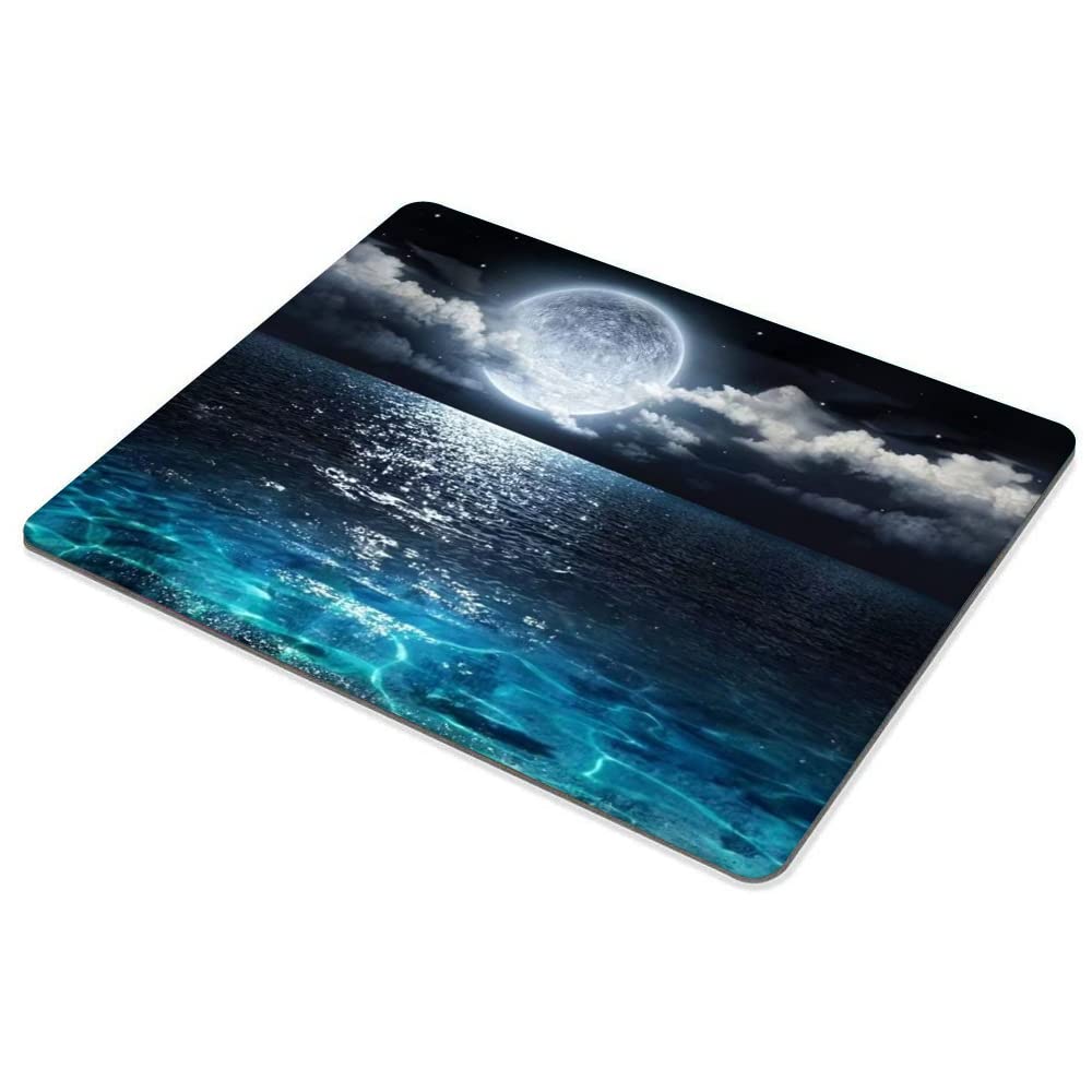 Custom Ocean and Moon Design Mouse Pad - Non-Slip Rubber Base Computer Mousepad for Laptop, PC, Office & Gaming Desk Accessories - Perfect for Work, Gaming & Home Office Use