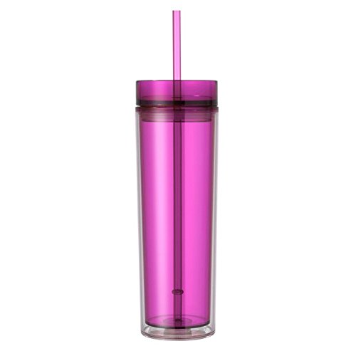 16oz Double Wall Insulated Acrylic Tumbler with Straw & Lid - Leakproof Slim Design, Hot & Cold Drink Cup for 12+ Hours - Perfect for Coffee, Smoothies, Gym, Office & Travel (Pink)