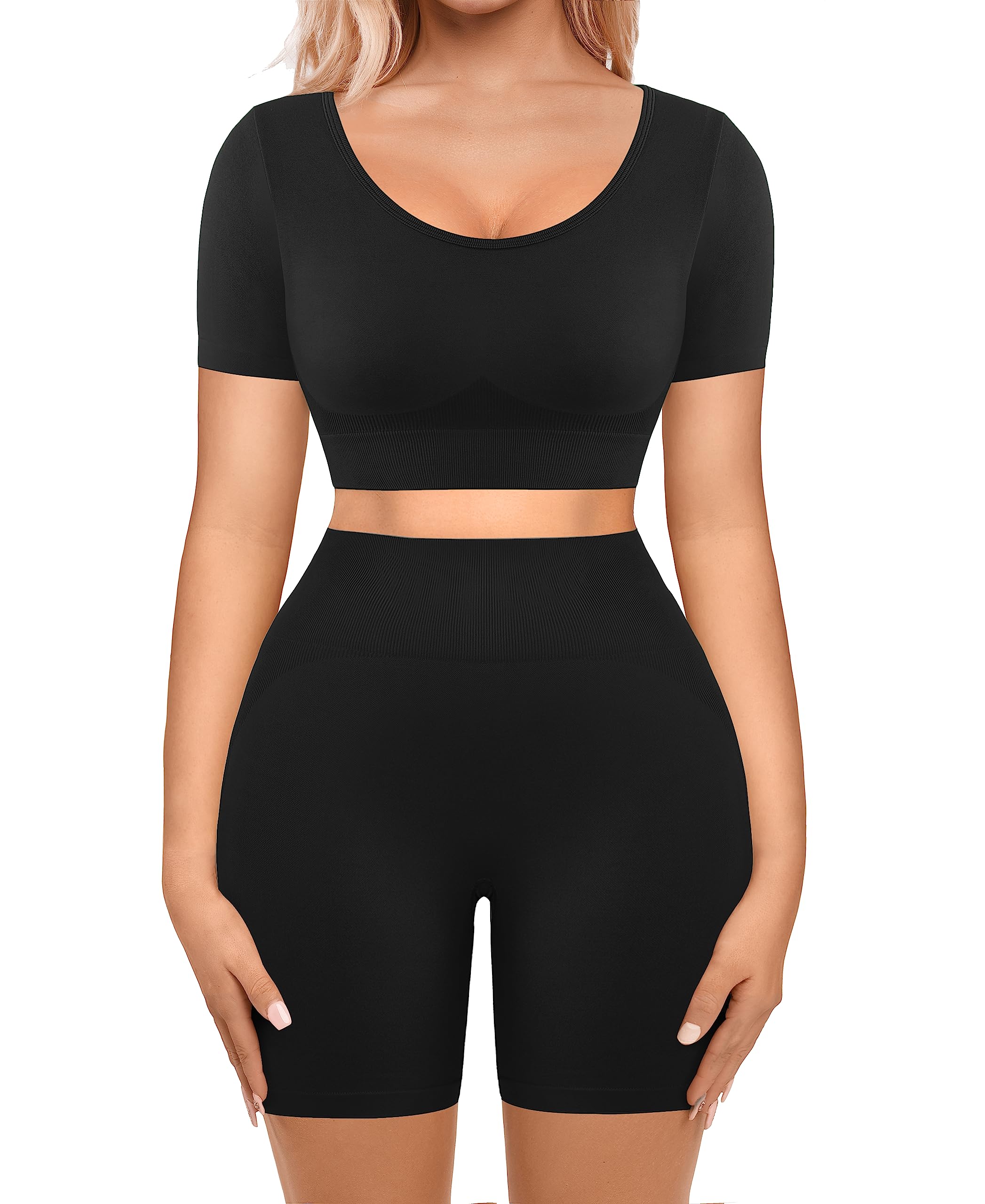 FeelinGirl Women's 2-Piece Workout Set - Seamless Crop Top & High Waist Shorts | Gym Outfits for Yoga, Running & Fitness | Breathable Activewear for Women