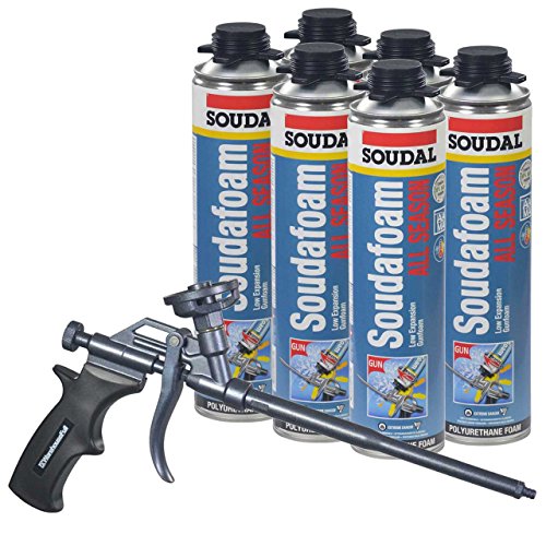 Soudal All Season Window & Door Expanding Foam Sealant - 6 Cans with AWF Pro Non-Stick Coated Foam Gun - Weatherproof Insulation for Doors, Windows & Gaps - DIY Home Improvement & Construction Projects