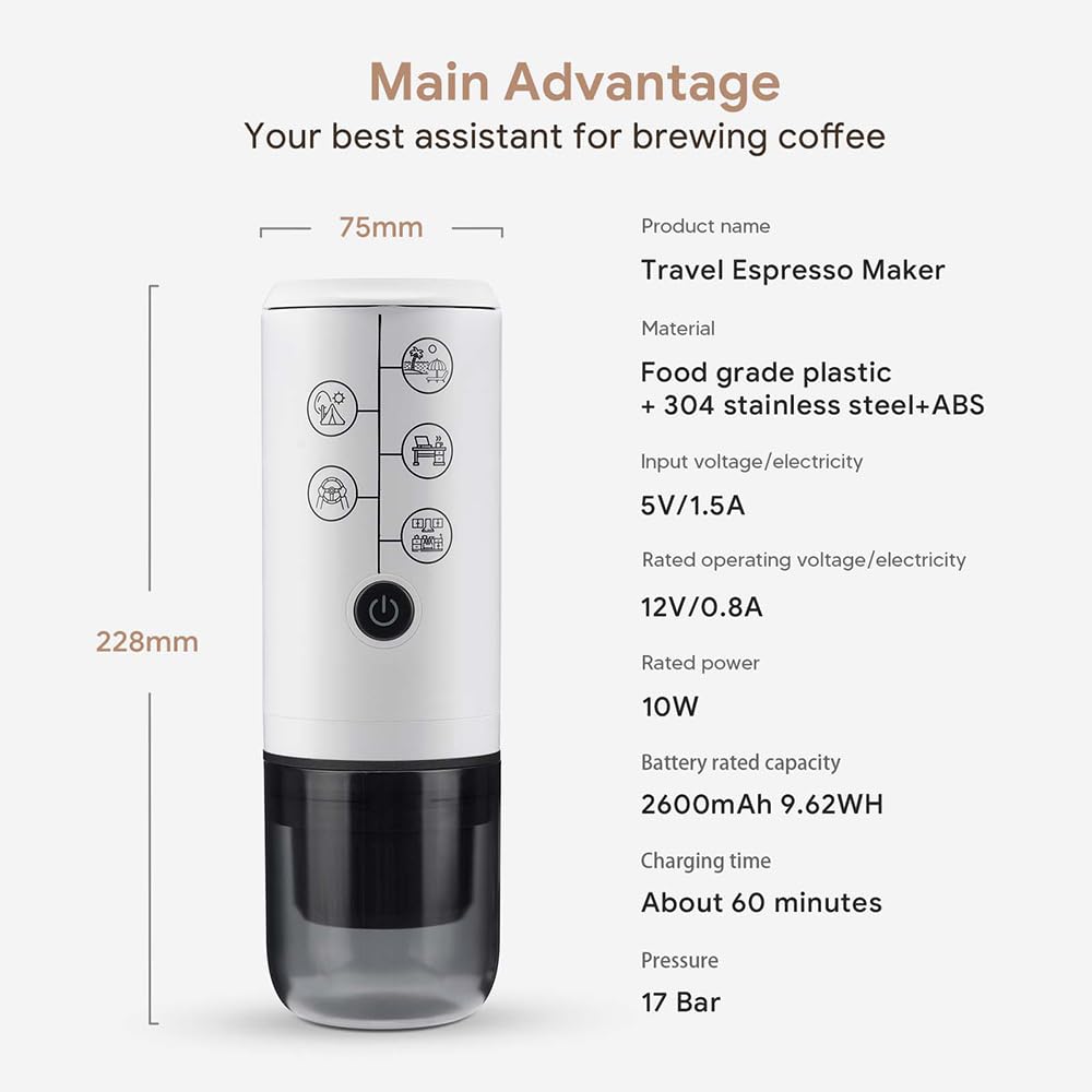 BENFUCHEN 3-in-1 Portable Espresso Machine - Type-C Rechargeable Electric Coffee Maker, 17 Bar Pressure Mini Espresso Machine Compatible with NESPRESSO/DolceGusto Pods & Ground Coffee - Perfect for Travel, Camping & Office Use - White