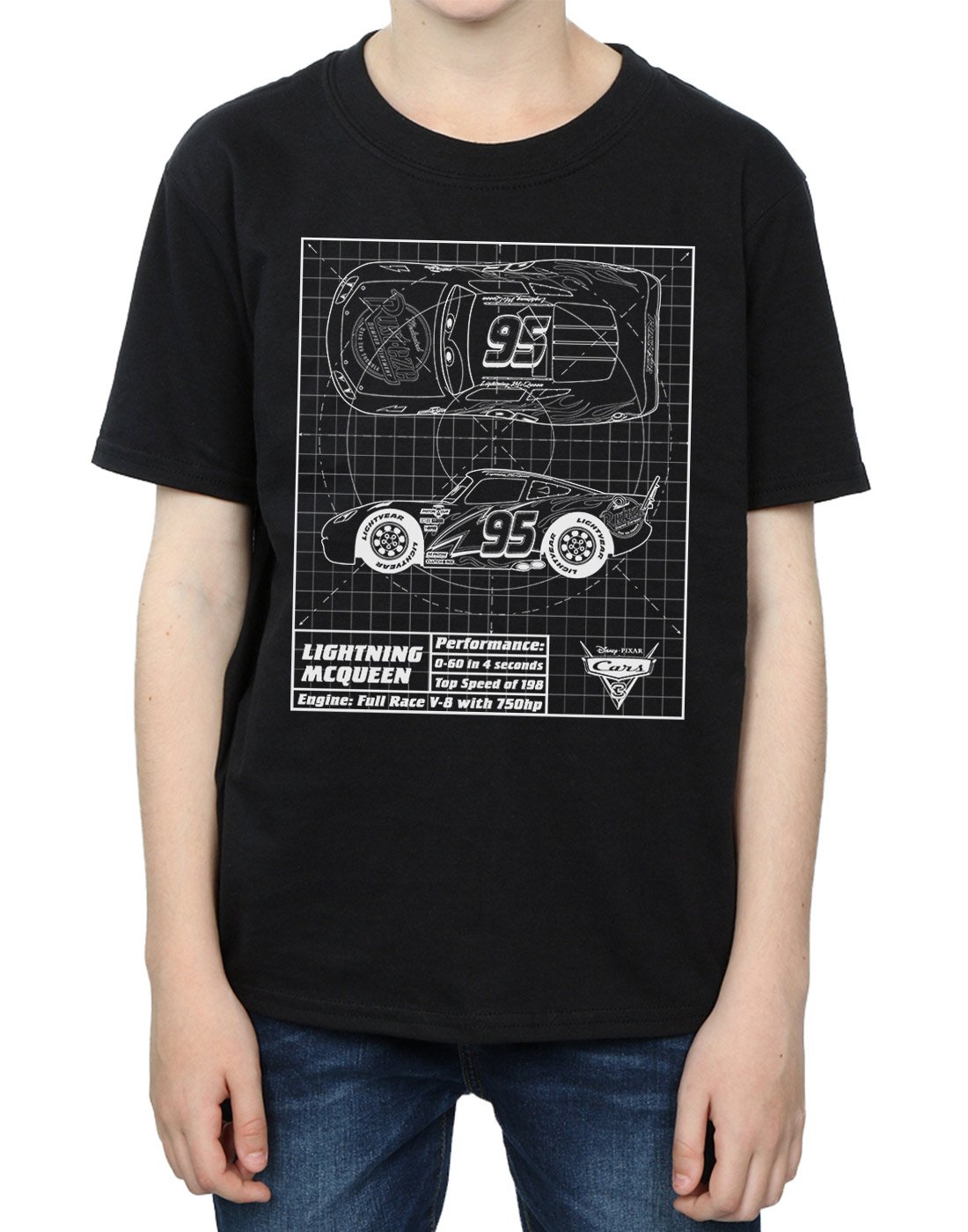 Disney Cars Lightning McQueen Blueprint Graphic T-Shirt for Boys Age 9-11 - Cool Black Cotton Tee - Perfect for Birthday Gifts & Disney Theme Parties