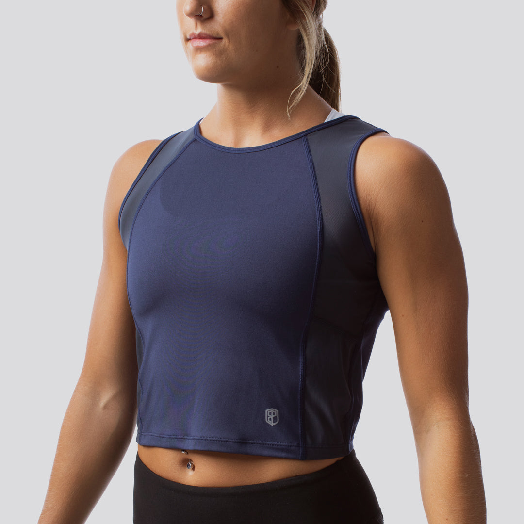 AScudds Navy Hurricane Crop Tank - Women's Workout Top for Running, Yoga & Gym - Breathable & Comfortable Athletic Wear