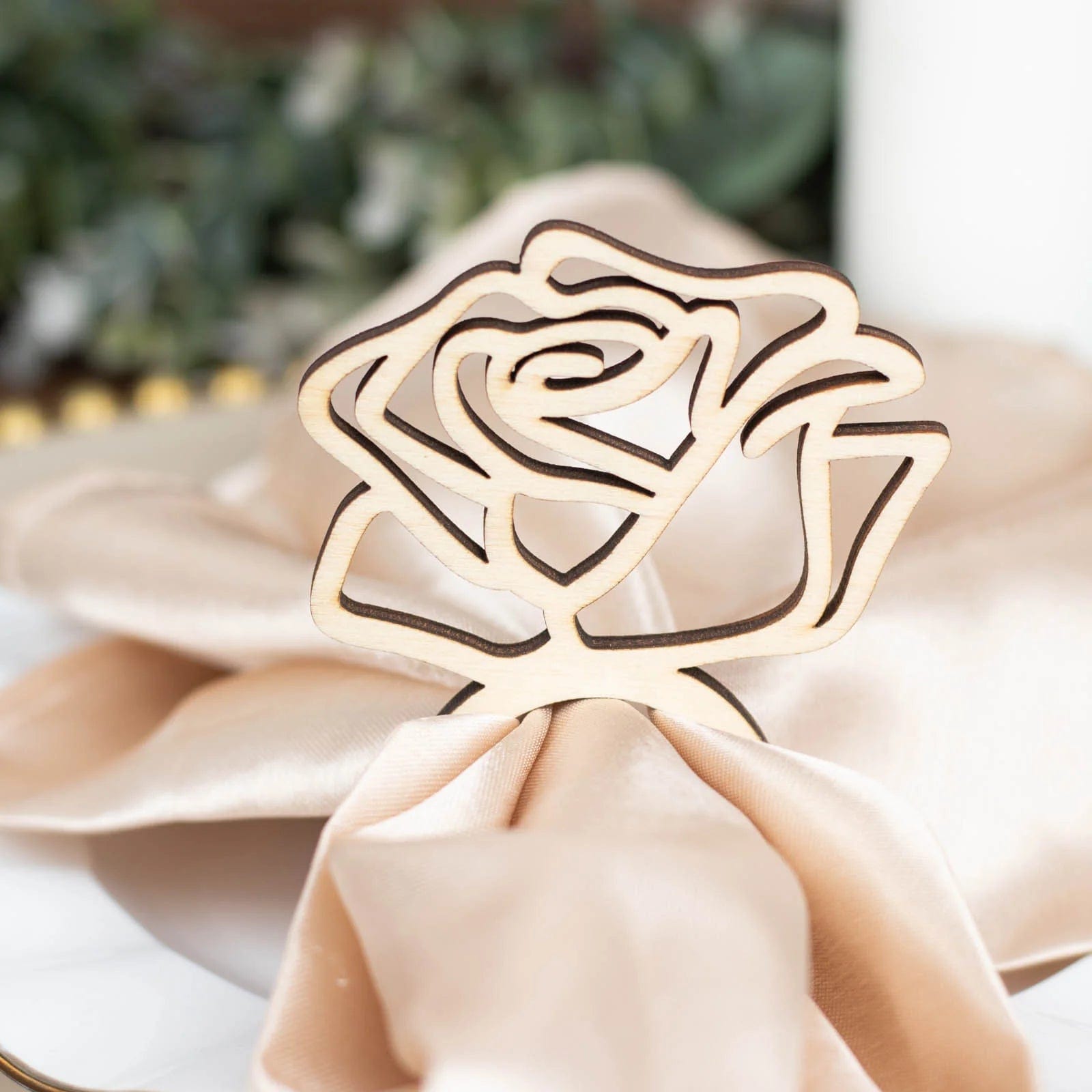 10 Pack Laser Cut Rose Design Wooden Napkin Rings - Natural Wood for Wedding, Party & Holiday Table Decor