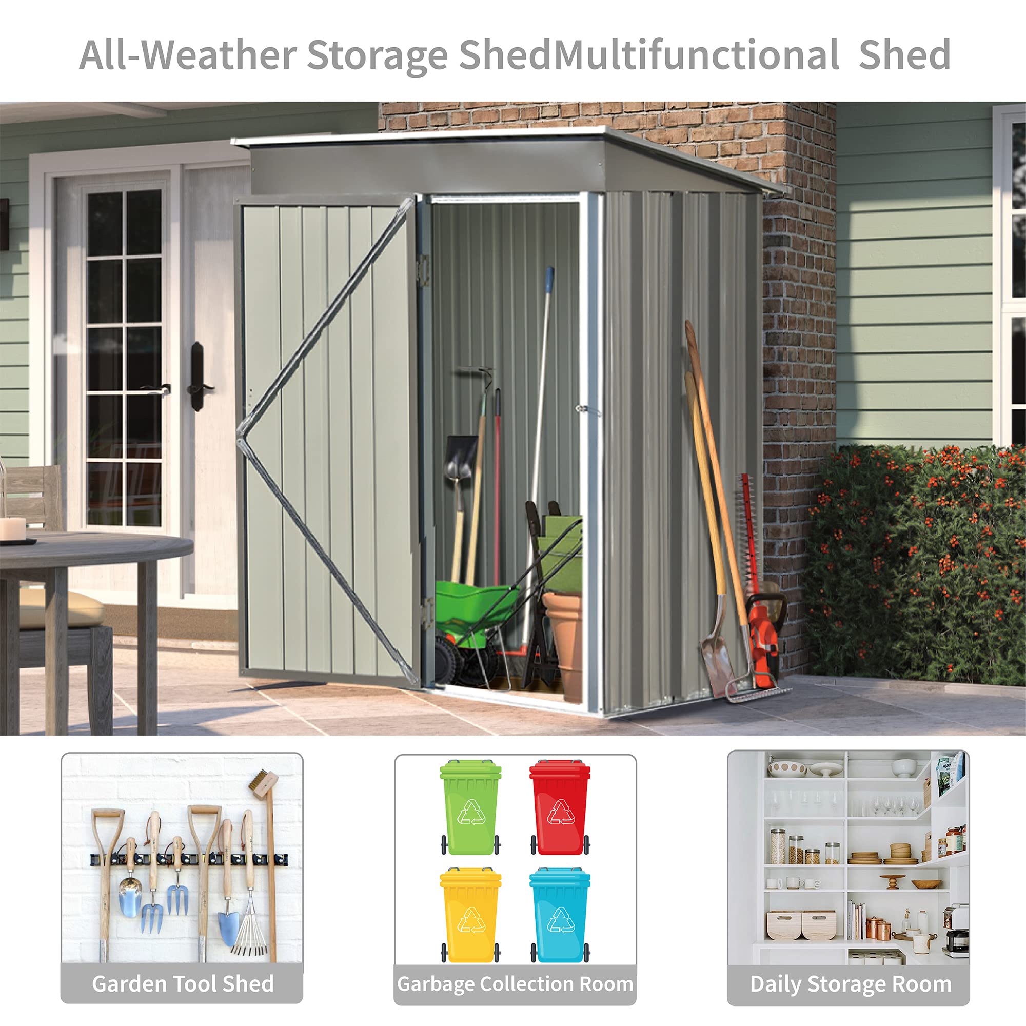 5x3 FT Galvanized Metal Outdoor Storage Shed - Lockable Lean-to Tool Cabinet for Patio, Backyard, Lawn & Garden | Weatherproof Gray Shed for Yard Equipment, Gardening Tools & Outdoor Storage