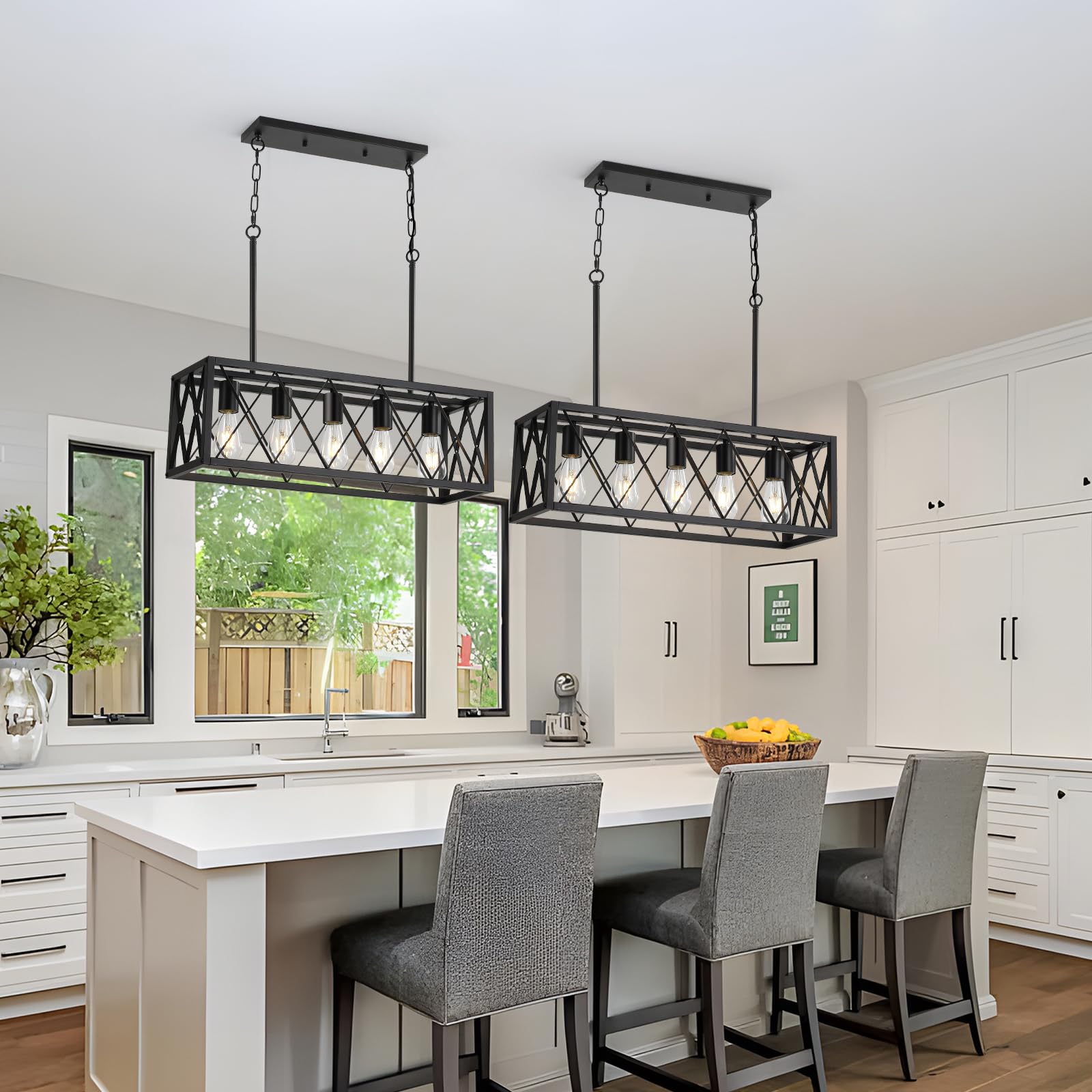 KEESFU Black Farmhouse Kitchen Island Pendant Light - 5-Light Adjustable Height Industrial Dining Room Chandelier for Kitchen, Living Room, Foyer & Over Dining Table or Sink | Rustic Home Decor Lighting Fixture | Perfect for Farmhouse, Industrial & Modern Interior Design