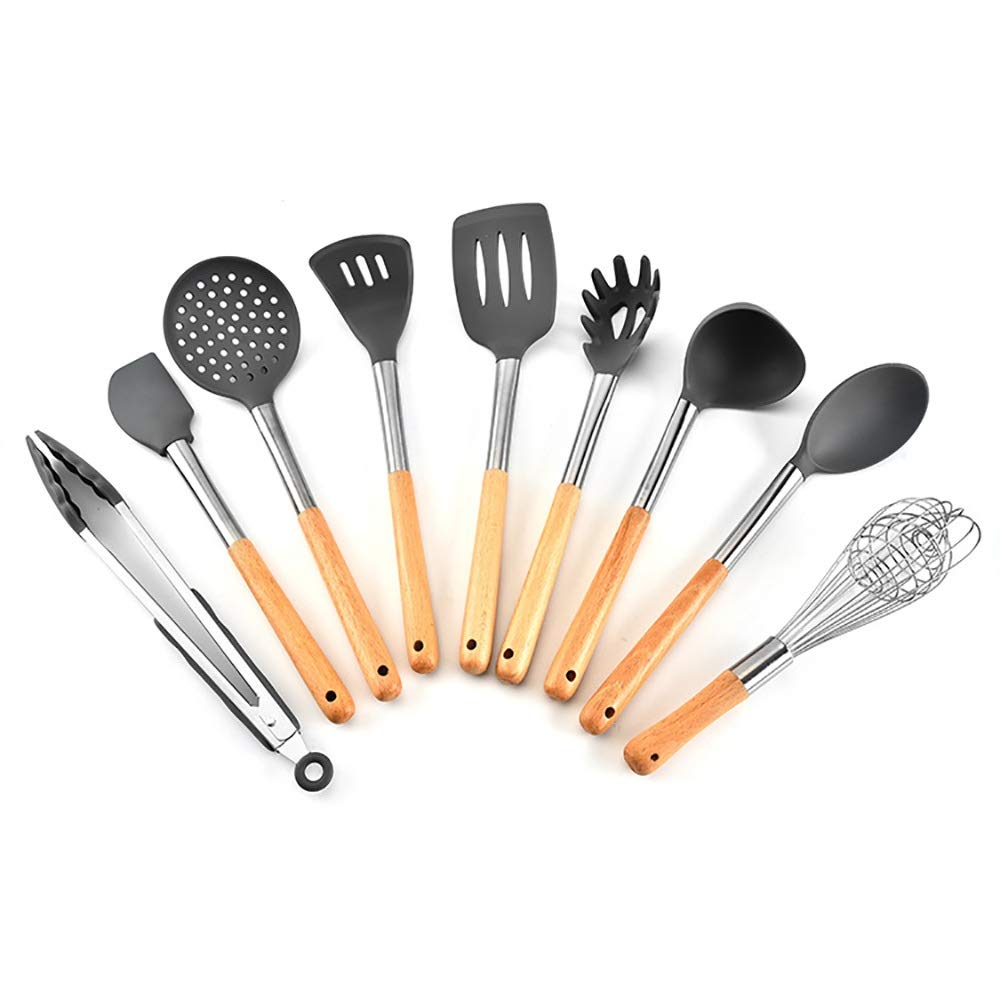 Premium 9-Piece Wooden Handle Silicone Spatula Set - Non-Stick Kitchen Utensils for Cooking, Baking & Flipping - Heat Resistant Gray Cooking Spoon Set (Ideal for Pancakes, Eggs & Non-Stick Pans)