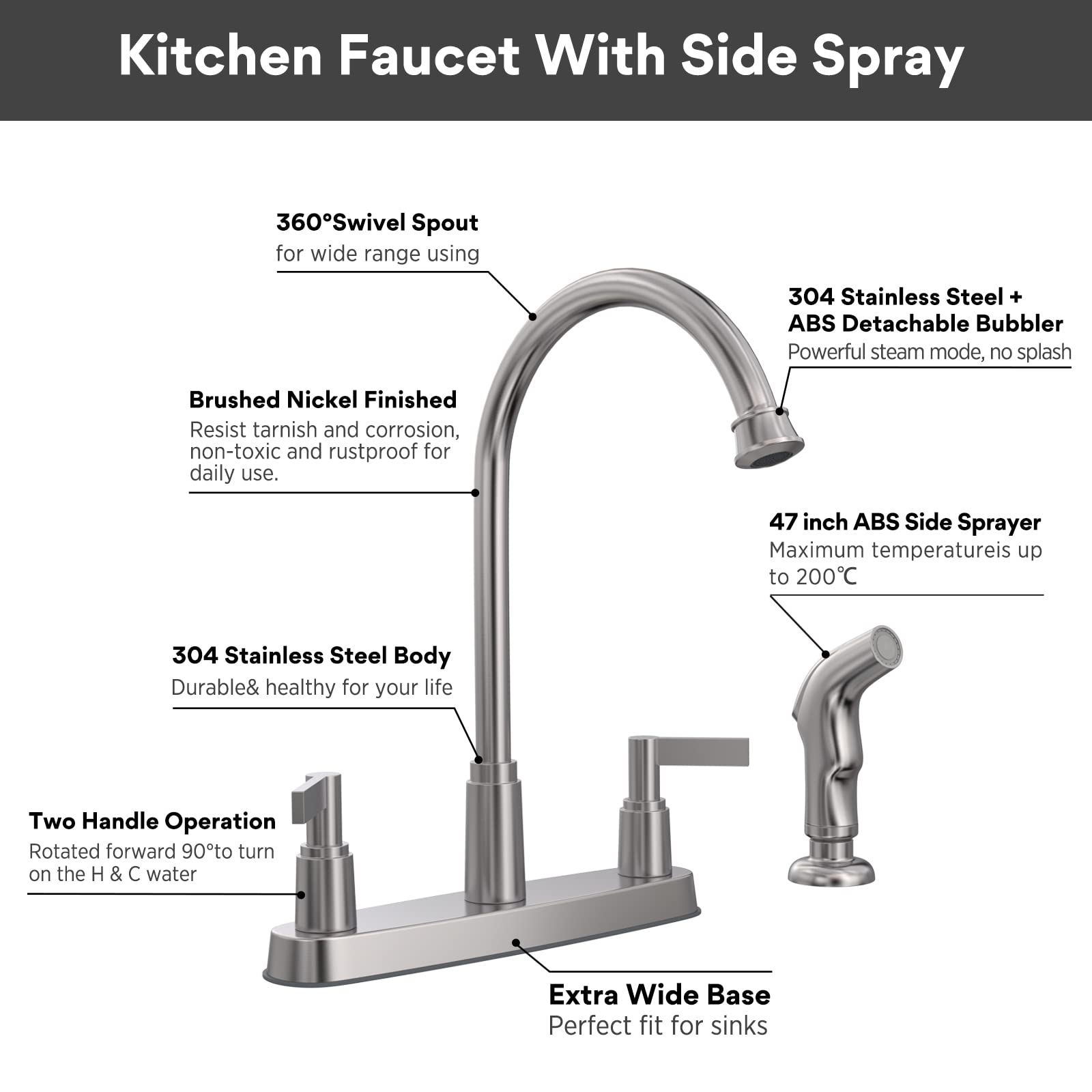 2-Handle High Arc Stainless Steel Kitchen Faucet with Pull-Out Side Sprayer - Brushed Nickel Finish - 8 Inch Centerset for 3 or 4 Hole Sink Installation - Perfect for Modern Kitchens and Heavy-Duty Cooking Tasks