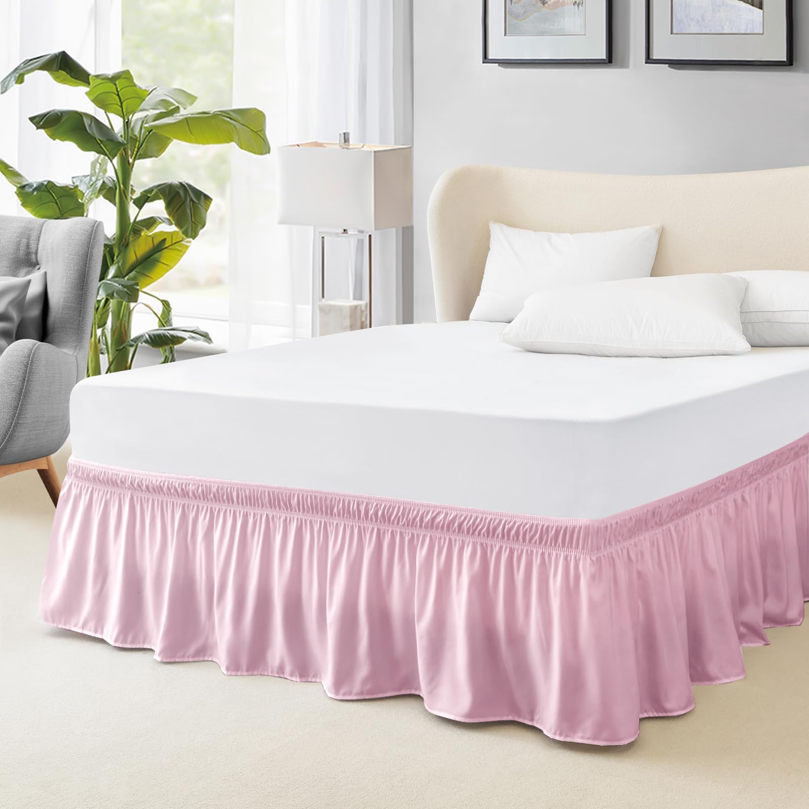 FreshCulture Full Bed Skirt - Elastic Wrap Around Dust Ruffle with 15-Inch Tailored Drop | Hotel Quality Bed Skirt for Full Size Beds | Perfect for Master Bedrooms, Guest Rooms & Airbnb Styling (Dusty Pink)