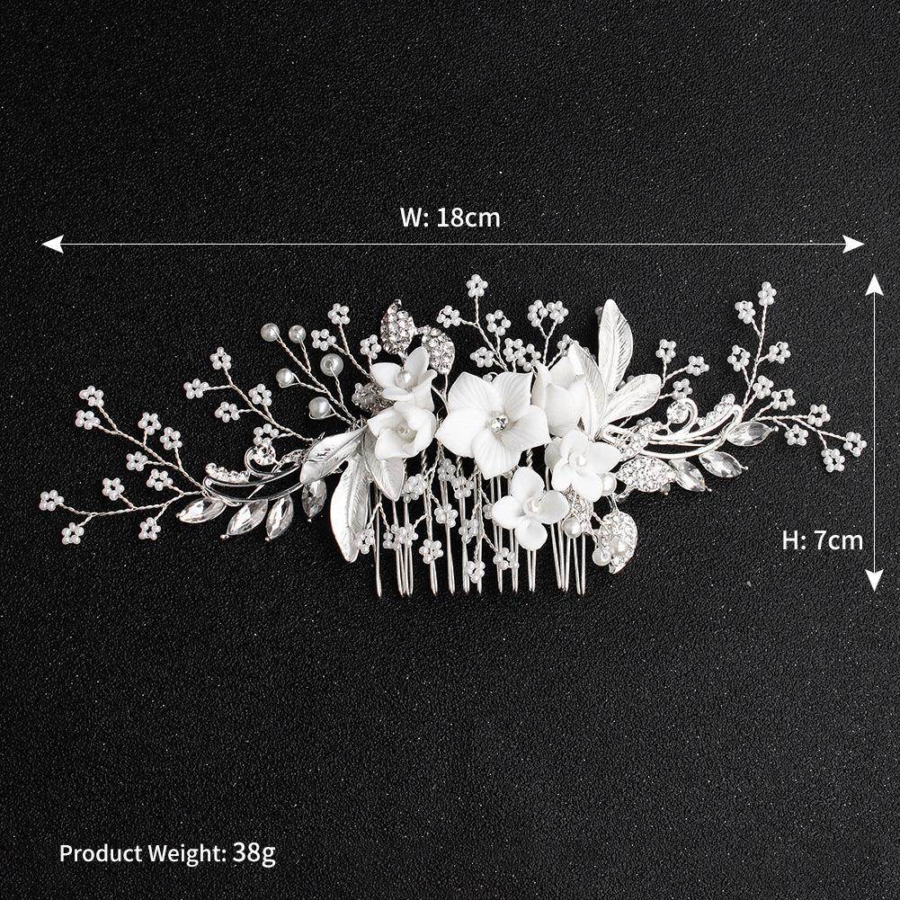 Handmade Pearl Beaded Hair Comb with Ceramic Flower - Elegant Bridal Hair Accessory for Weddings, Prom & Special Occasions