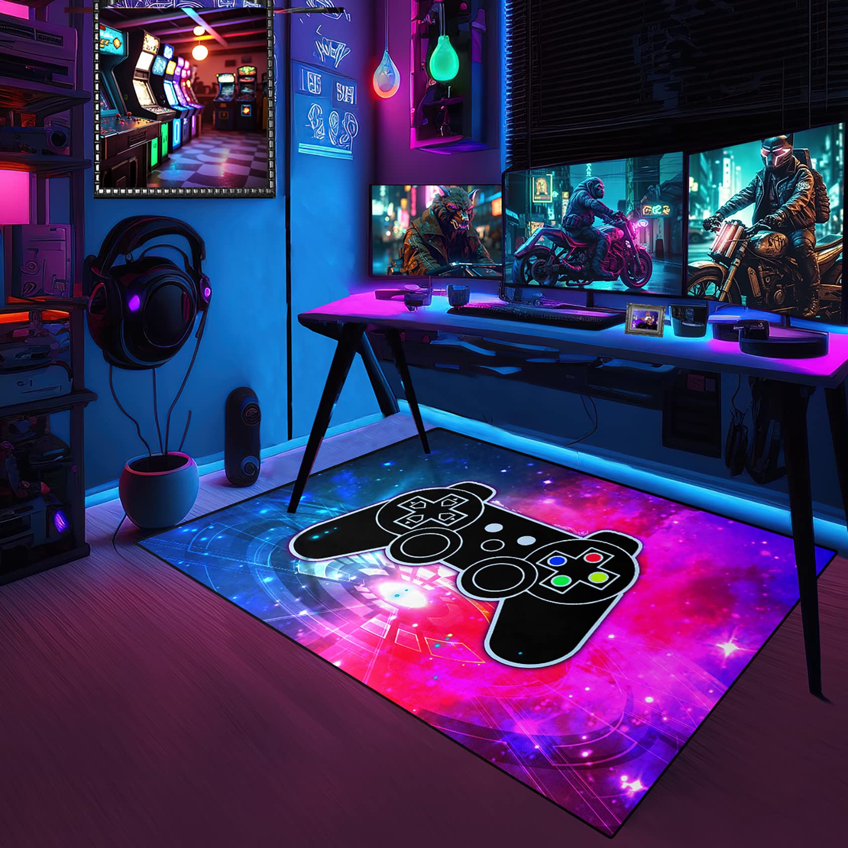 Premium Gamepad Printed Area Rug - 4'x5' Soft Polyester Floor Mat for Living Room, Bedroom & Game Room - Gamer Gift for Boys, Blue & Hot Pink Design - Perfect for Gaming Setup, Home Decor & Comfort