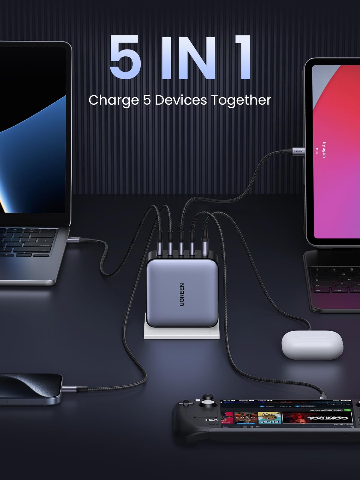 UGREEN Nexode 100W GaN USB C Charger - 5-Port Fast Charging Block for MacBook Pro/Air, iPhone 16/15, Galaxy S24, iPad Air, Pixel 8, Steam Deck - Compact Power Adapter for Home, Office & Travel Charging Needs