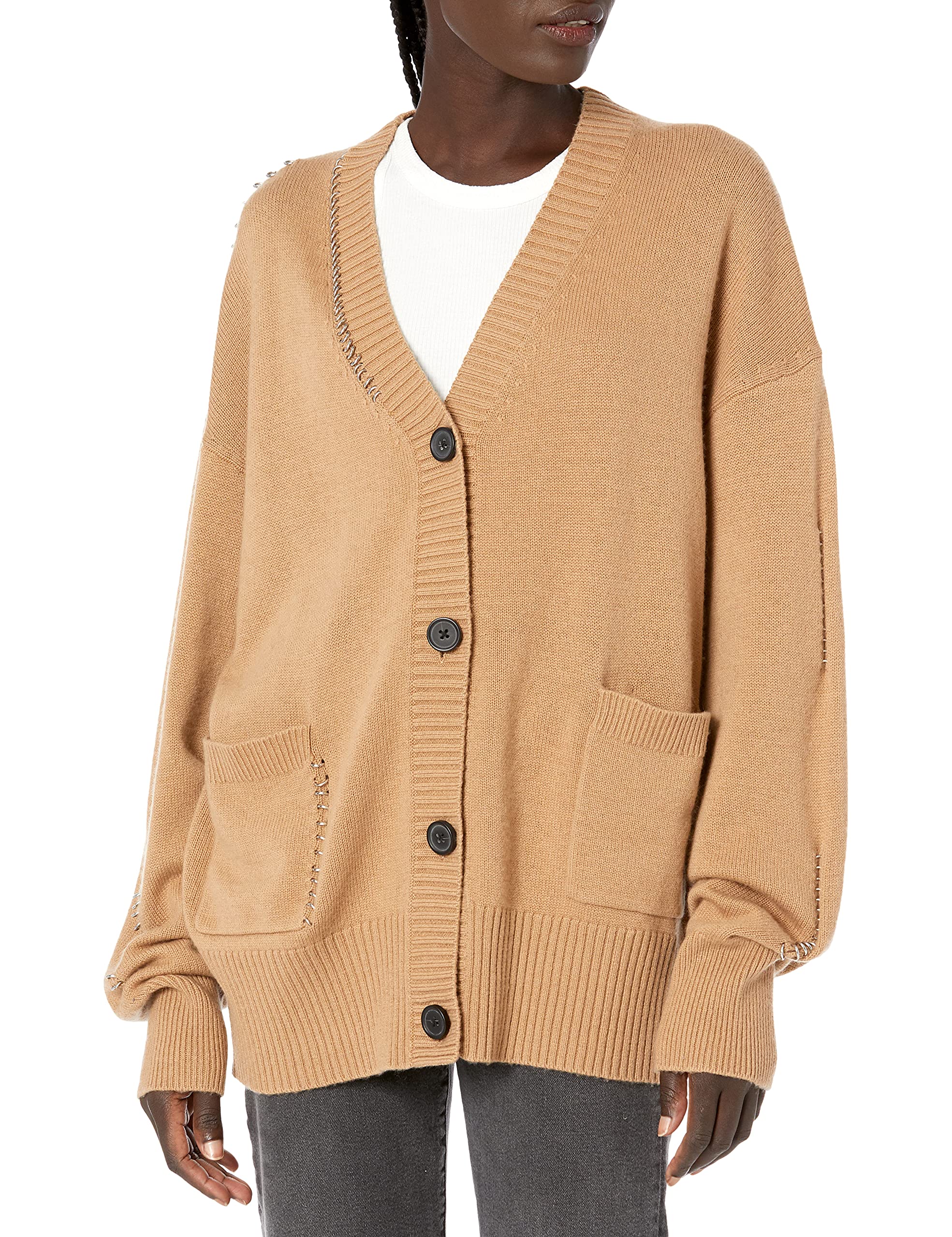 The Kooples Women's Knitted V-Neck Cardigan Sweater with Brown Buttons | Soft Casual Long Sleeve Open Front Cover Up for Fall & Winter | Perfect for Office, Date Night and Weekend Outfits