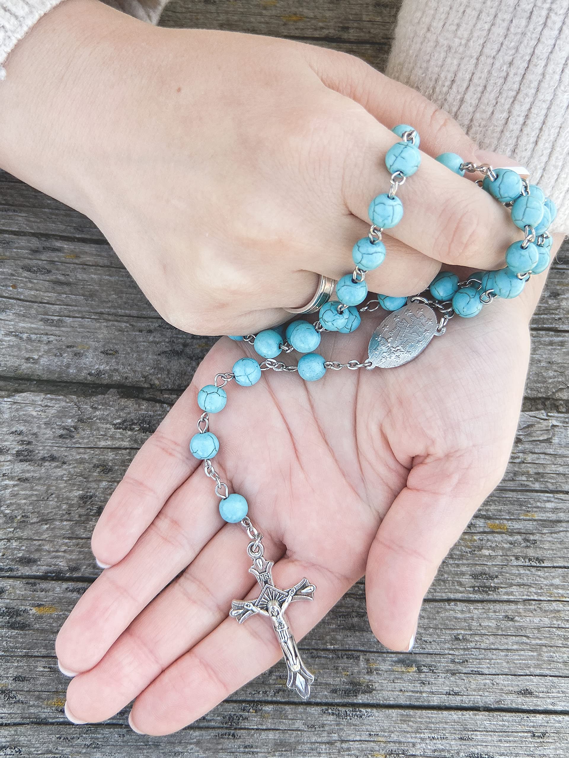 Sky Blue Turquoise Stone Beads Rosary Prayer Necklace with Miraculous Medal & Jesus Cross - Catholic Religious Jewelry for Prayer, Meditation and Spiritual Gifts