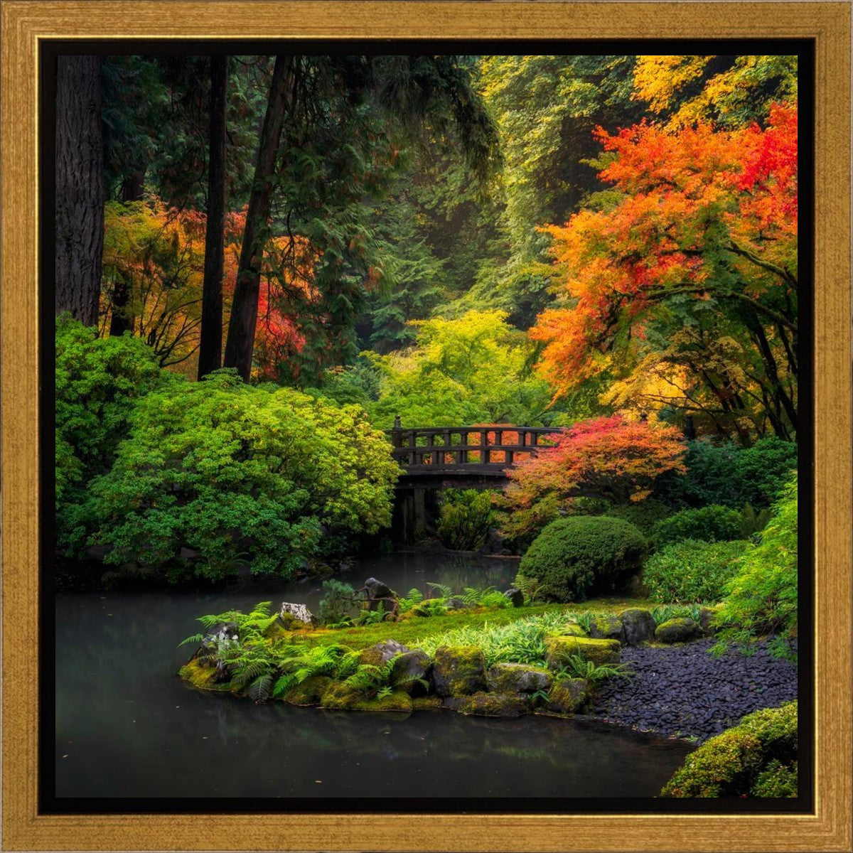 Hand-Painted Garden Bridge Landscape Canvas Wall Art - Stretched Gallery Wrap Ready to Hang - Perfect for Living Room, Bedroom & Office Decor