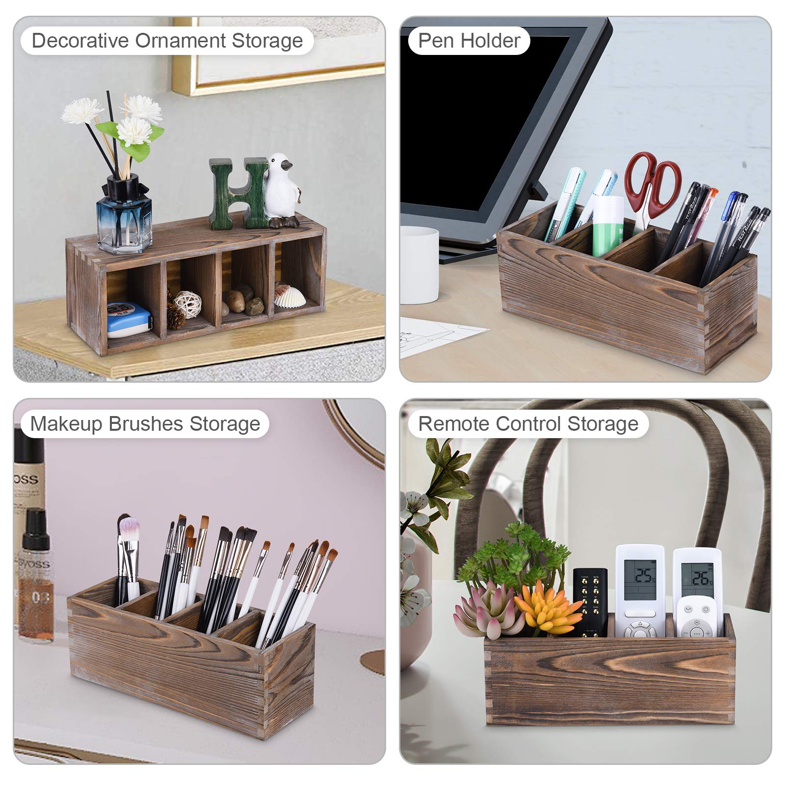 WuGeShop Rustic Wood Remote Control Holder with 4 Compartments - Multi-Use TV Remote Caddy & Desktop Organizer for Pens, Pencils, Phones - Perfect for Living Room, Bedroom, Office & Home Theater Organization