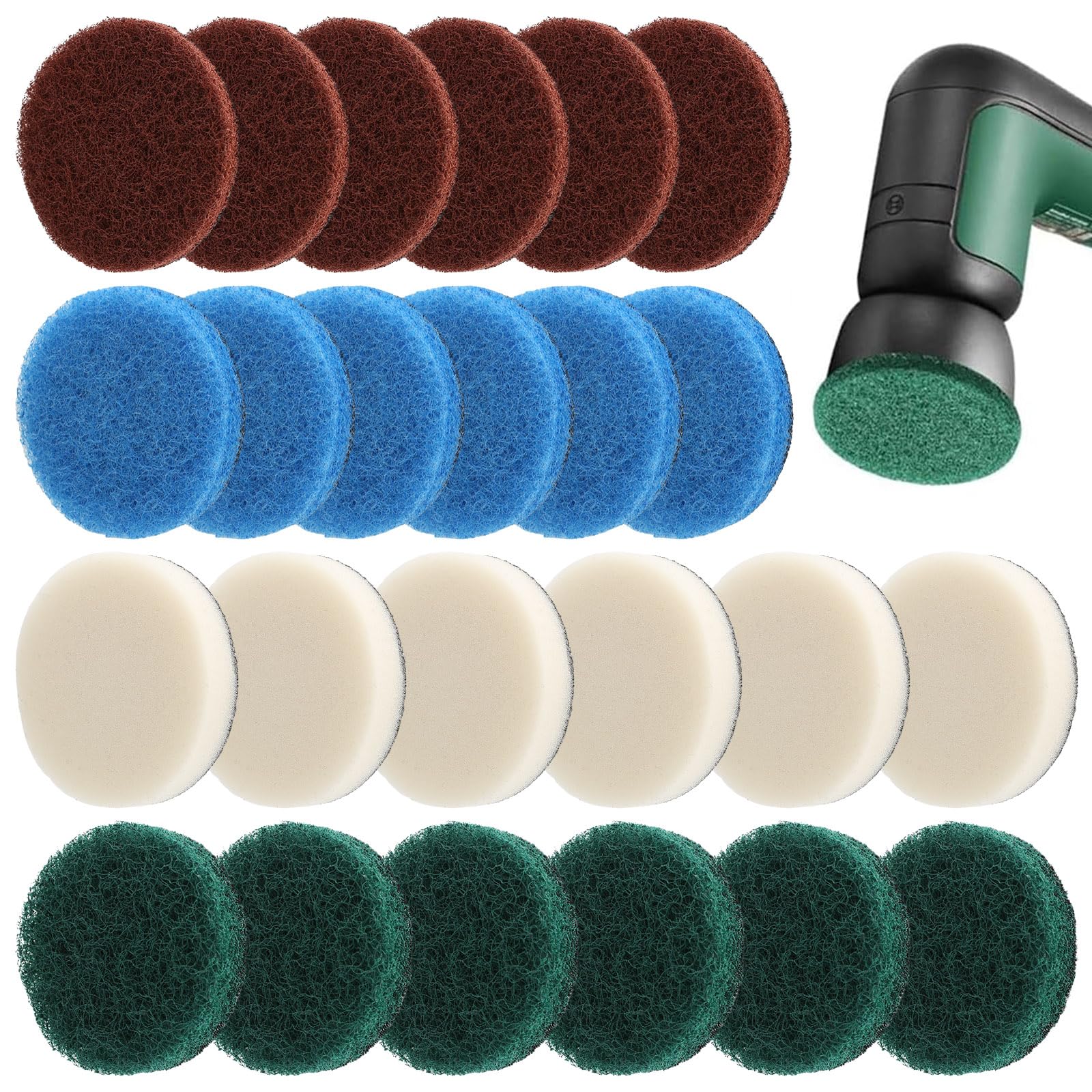 24-Piece Electric Cleaning Brush Pad Set Compatible with Bosch 6033 Cordless - Includes 6 Foam Pads, 6 Kitchen Pads, 6 Abrasive Pads & 6 Microfiber Pads - Ideal for Home, Garden & Deep Cleaning Tasks