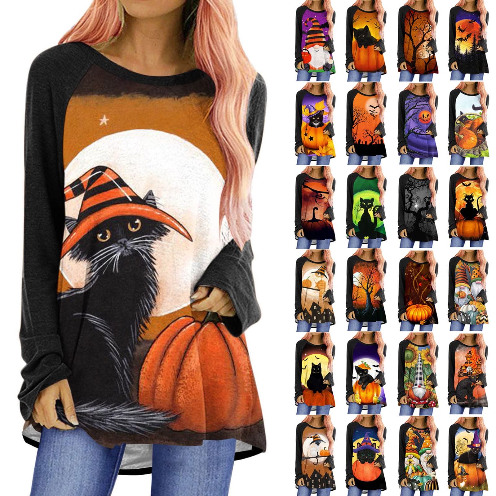 HAOREEKZ Women's Halloween Printed Sweatshirt - Long Sleeve Casual Pullover Blouse for Fall & Halloween Parties | Cute Medium Length Top for Costumes, Trick or Treating & Seasonal Outfits