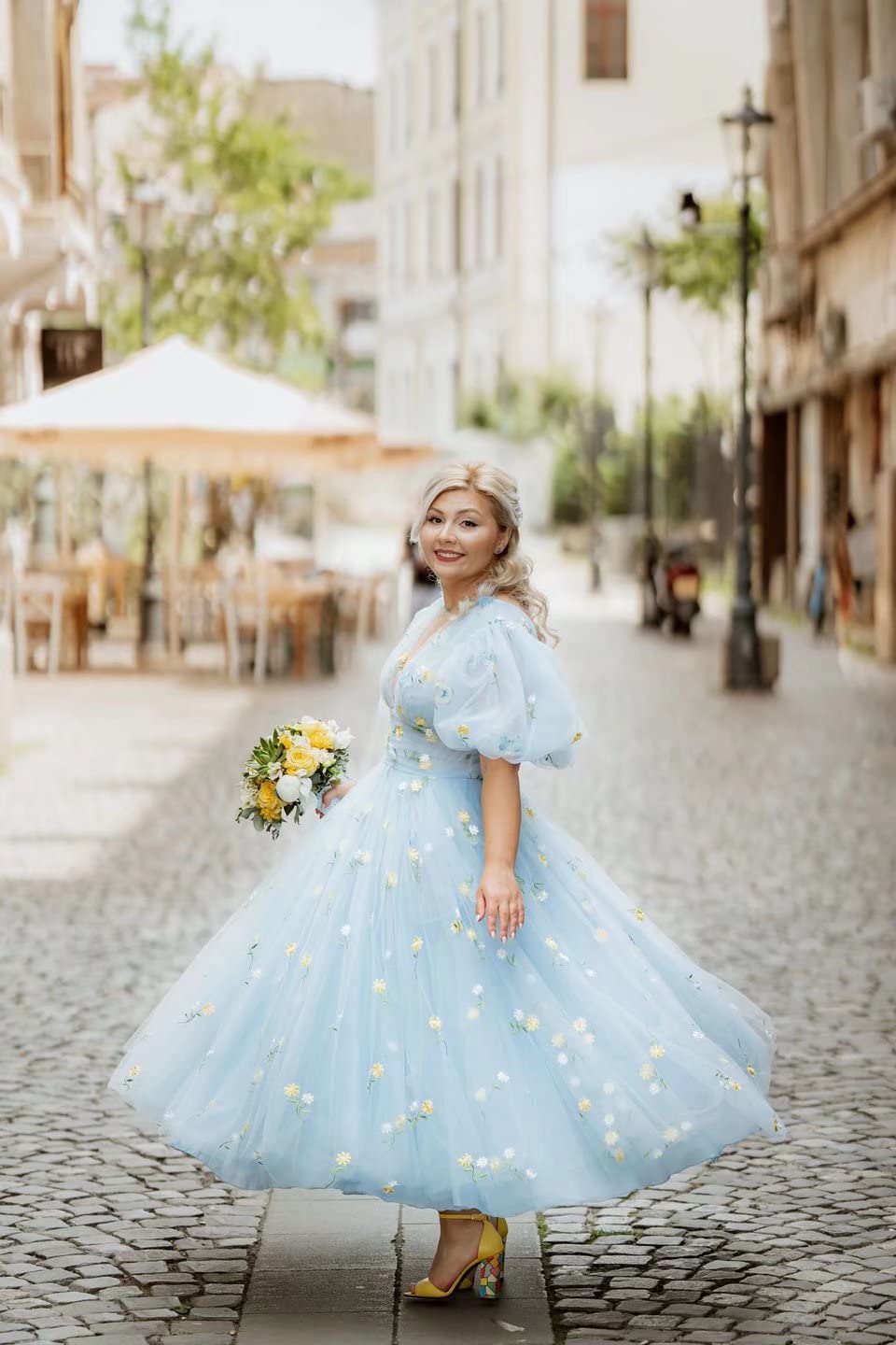 Xijun Women's Puffy Sleeve Prom Dress with Embroidery & Tulle - V-Neck Tea-Length Formal Evening Gown with Pockets for Homecoming, Wedding Guest & Special Occasions