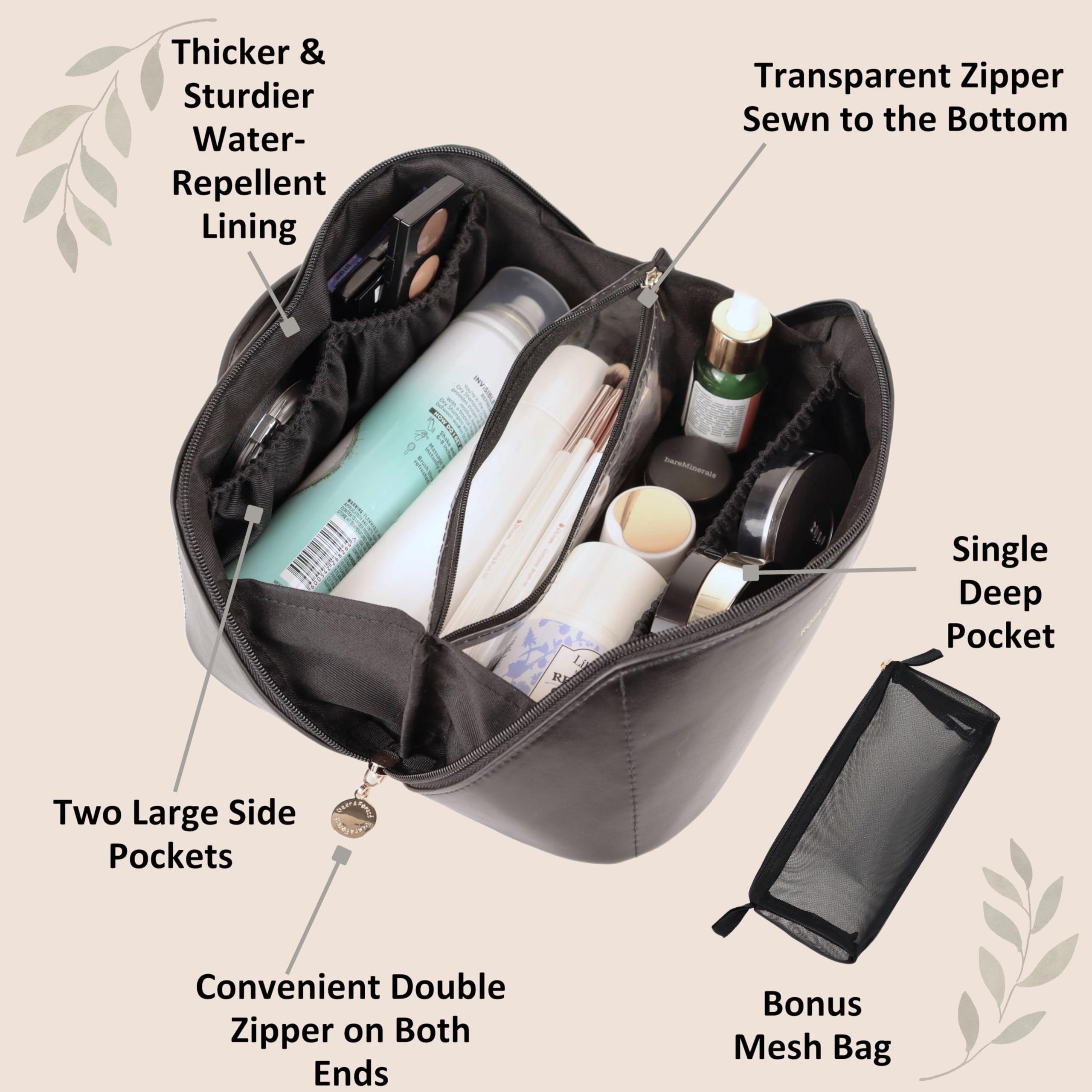 Waterproof Makeup Bag with Pencil Case - Large Deep Pockets & Clear Zipper Organizer for Makeup Brushes | Perfect for Travel, Beach Trips, Road Trips & Everyday Cosmetics Storage