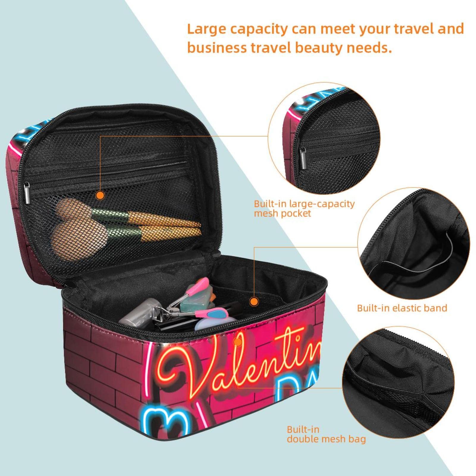 Valentine's Day Neon Sign Makeup Organizer Bag - Portable Travel Cosmetic Case for Women & Girls | Perfect for Toiletries, Makeup Storage & Travel Essentials | Great Gift for Valentine's Day, Birthdays & Holidays