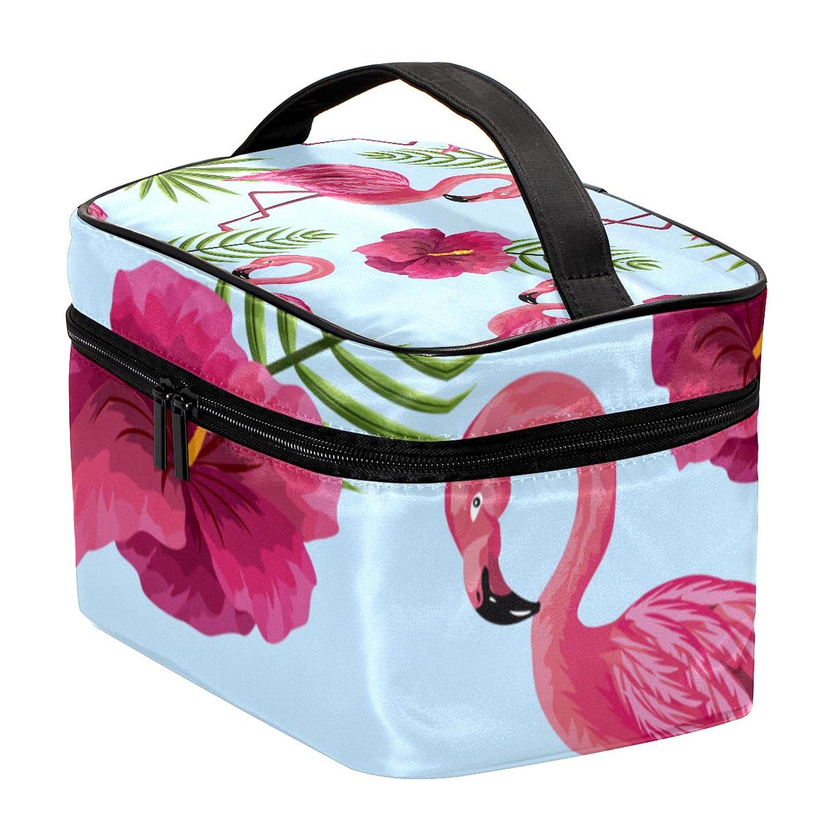 **Pink Flamingo Print Large Travel Makeup Bag with Green Leaves - Waterproof Cosmetic Organizer Case for Women & Girls - Perfect for Vacations, Gym, and Daily Essentials Storage**