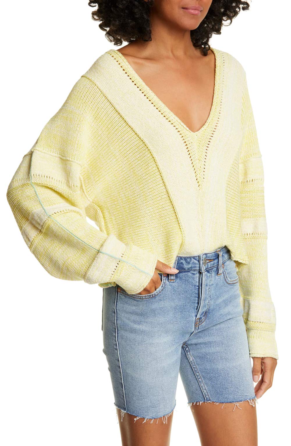 Free People Women's V-Neck Open Stitch Pullover Sweater - Yellow, Size M | Cozy Knit Sweater for Fall & Winter, Casual Outfits, Date Nights & Office Wear