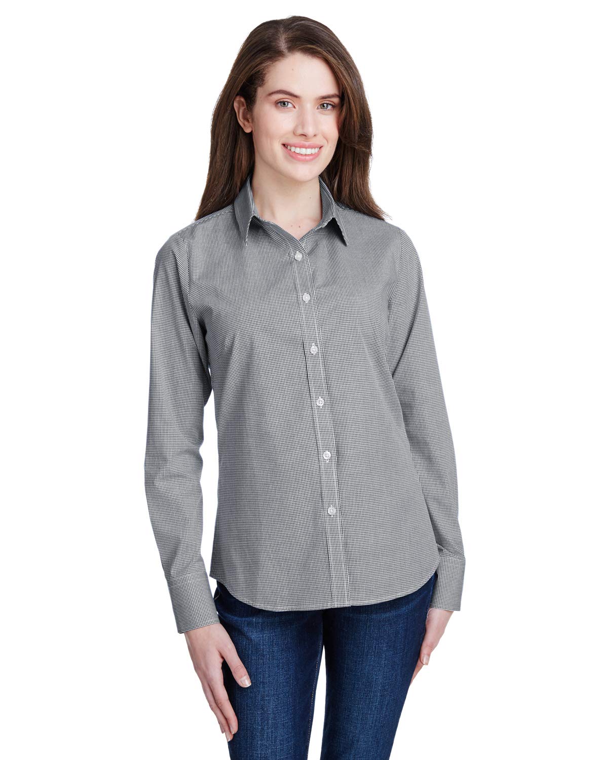 Women's Microcheck Gingham Long Sleeve Cotton Shirt 3XL Black & White - Casual Office Wear, Spring Summer Fashion Top for Women