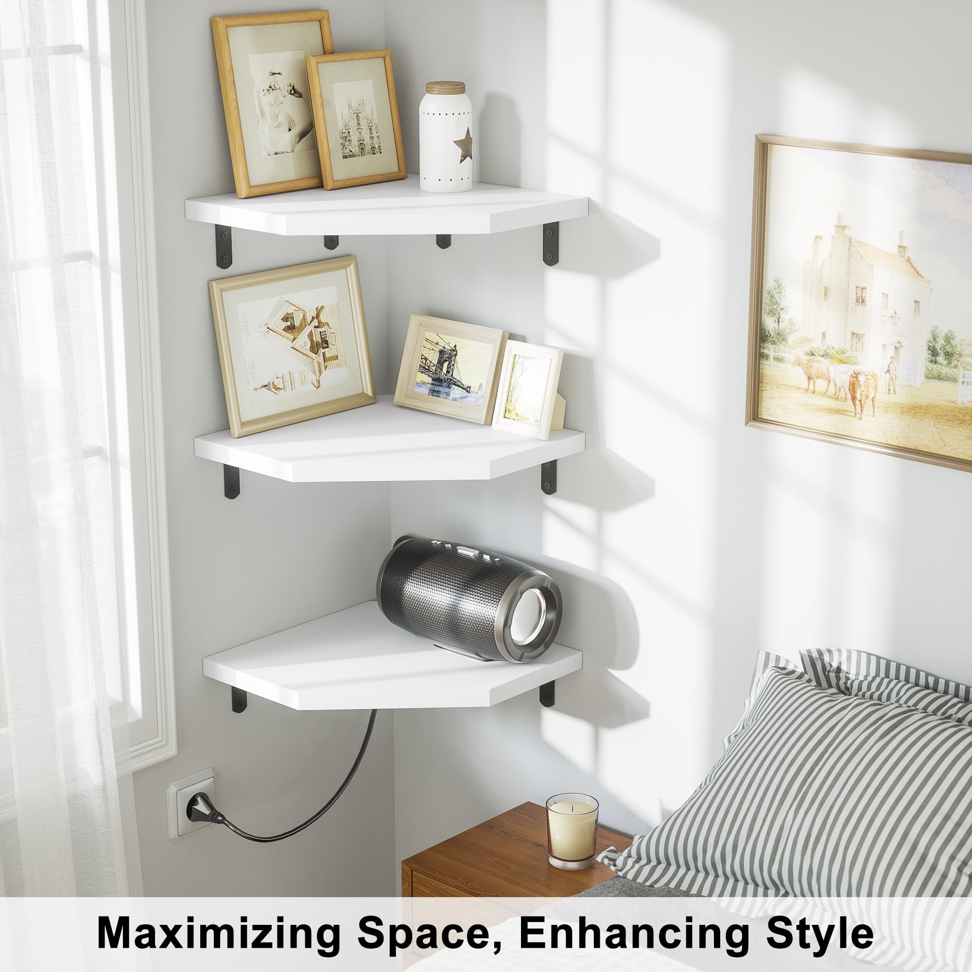 Alsonerbay 3-Piece Corner Wall Shelf Set - Solid Wood Floating Shelves with Cable Hole for TV Accessories, Speakers & Game Consoles - Perfect for Bedroom, Living Room & Bathroom Organization (White)