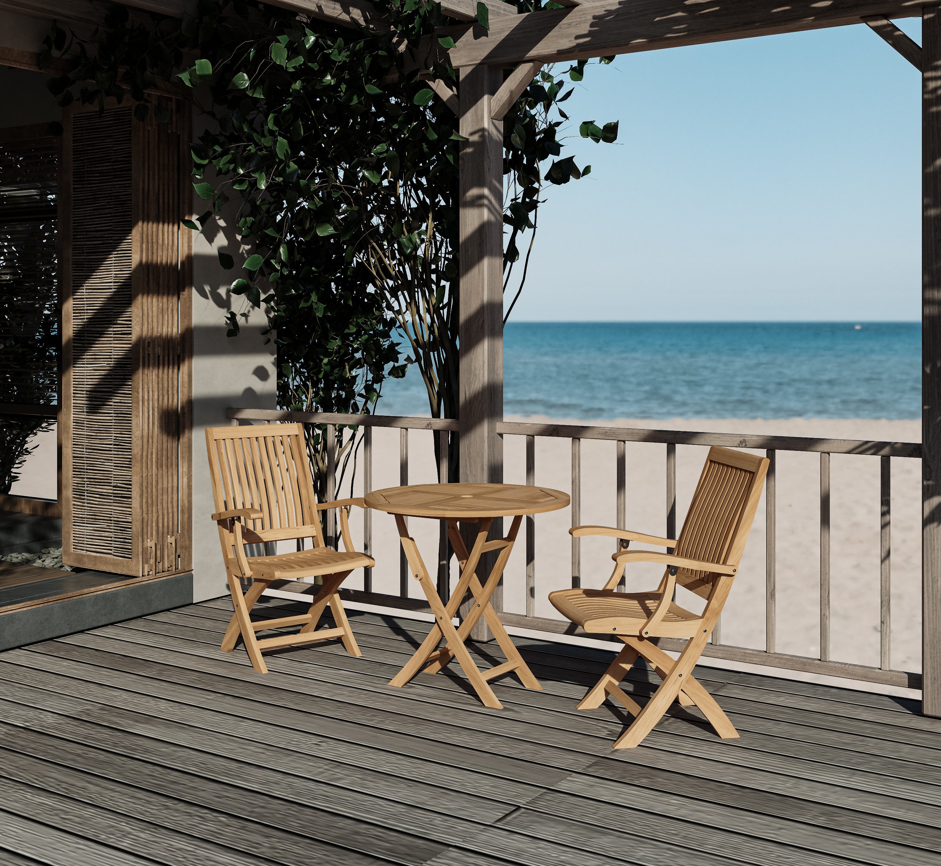 Premium 3-Piece Round Teak Outdoor Bistro Set with Folding Table & Armchairs - Patio, Garden, Balcony Dining Furniture for Small Spaces