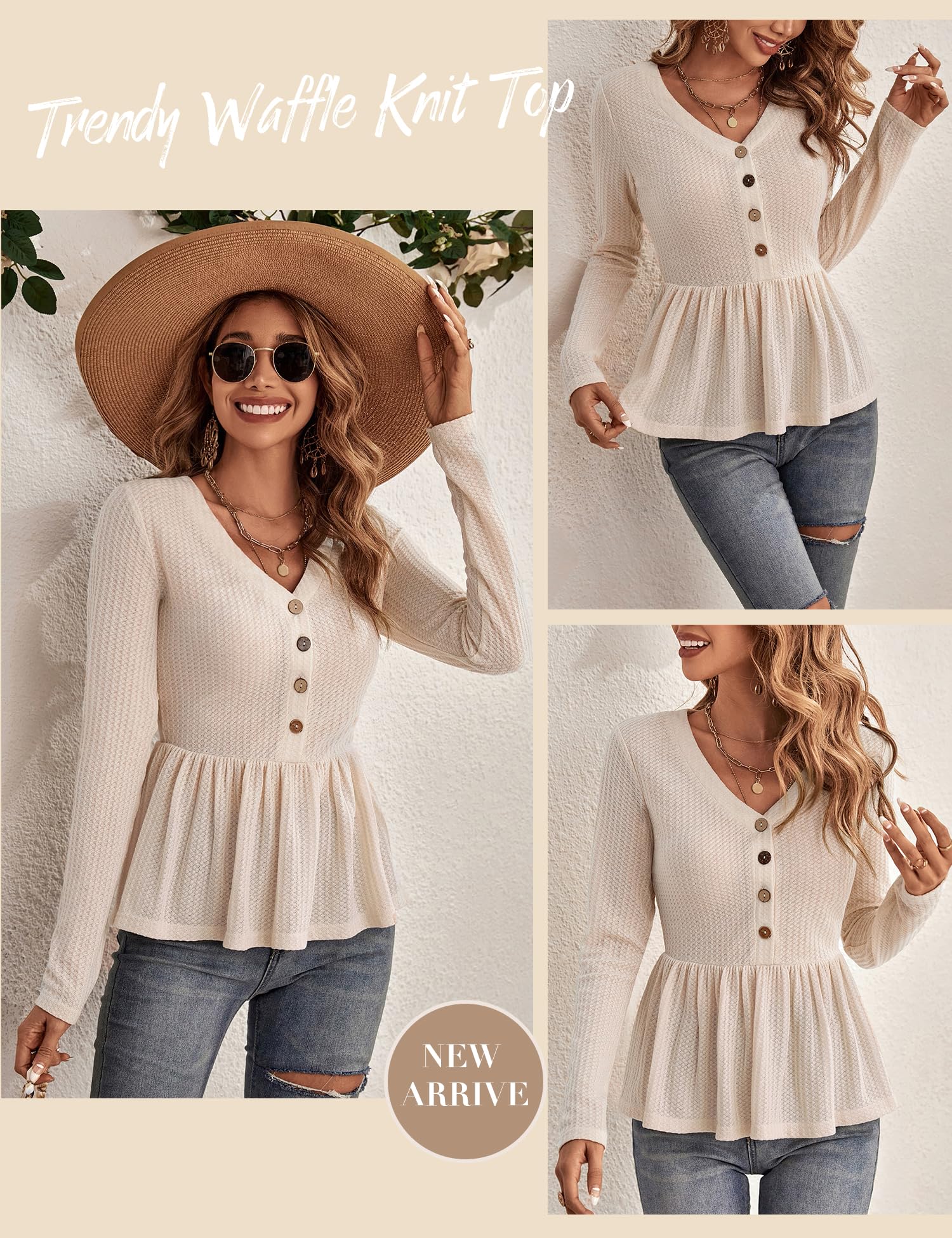 Women's Casual Peplum Top V-Neck Long Sleeve Waffle Knit Ruffle Hem Tunic Shirt for Fall Winter 2023 | Stylish Layering Piece for Office, Date Night & Holiday Outfits