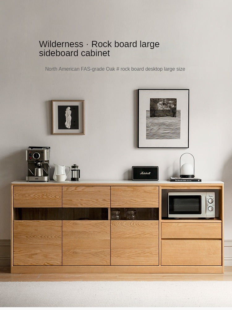 Oak Solid Wood Nordic Sideboard with Slate Top - Modern Buffet Cabinet for Dining Room, Living Room & Entryway Storage