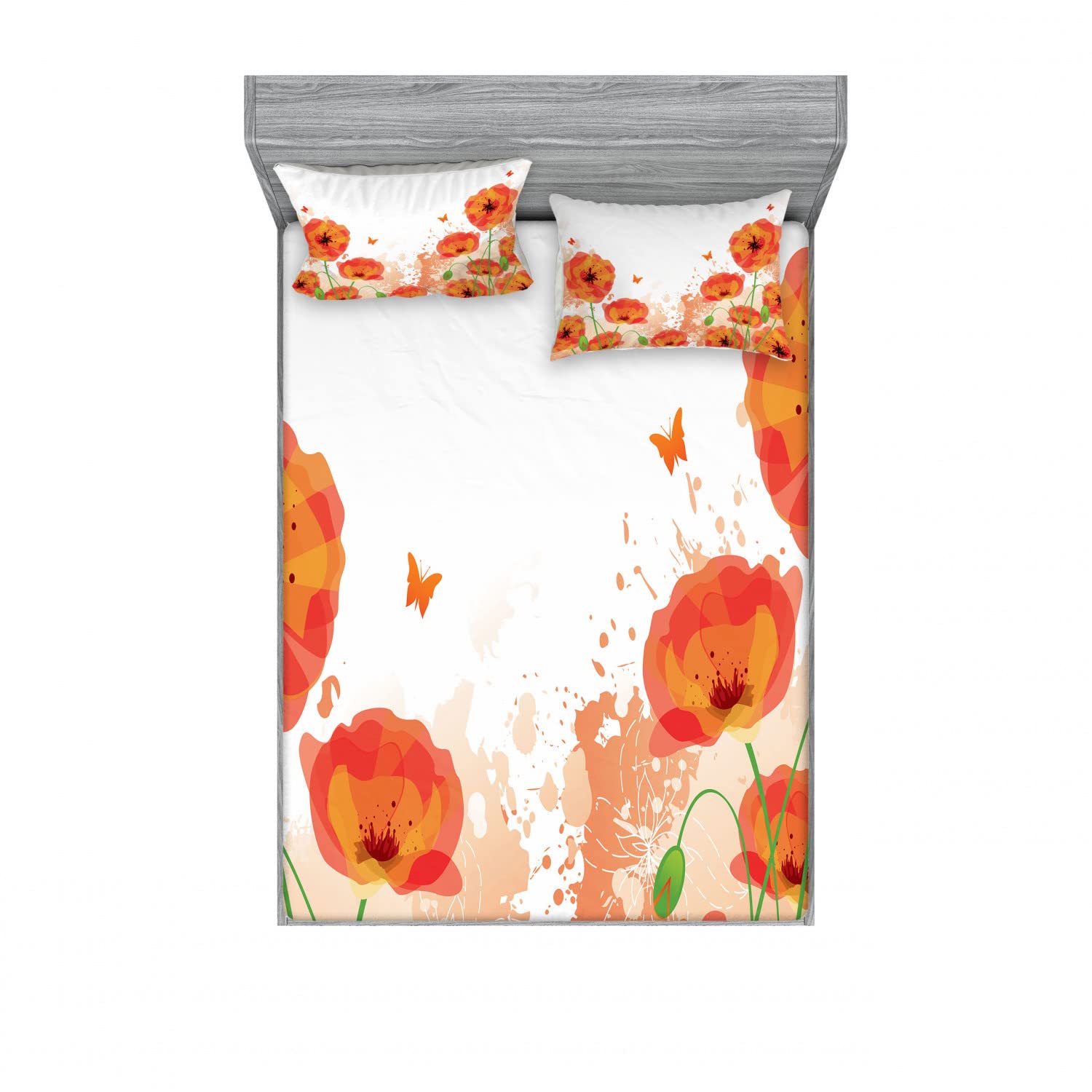 Ambesonne Floral 2-Piece Queen Fitted Sheet Set with 4 Pillow Shams - Watercolor Bridal Design in Red & White - Soft Bedding for Guest Rooms, Master Bedrooms & Vacation Homes