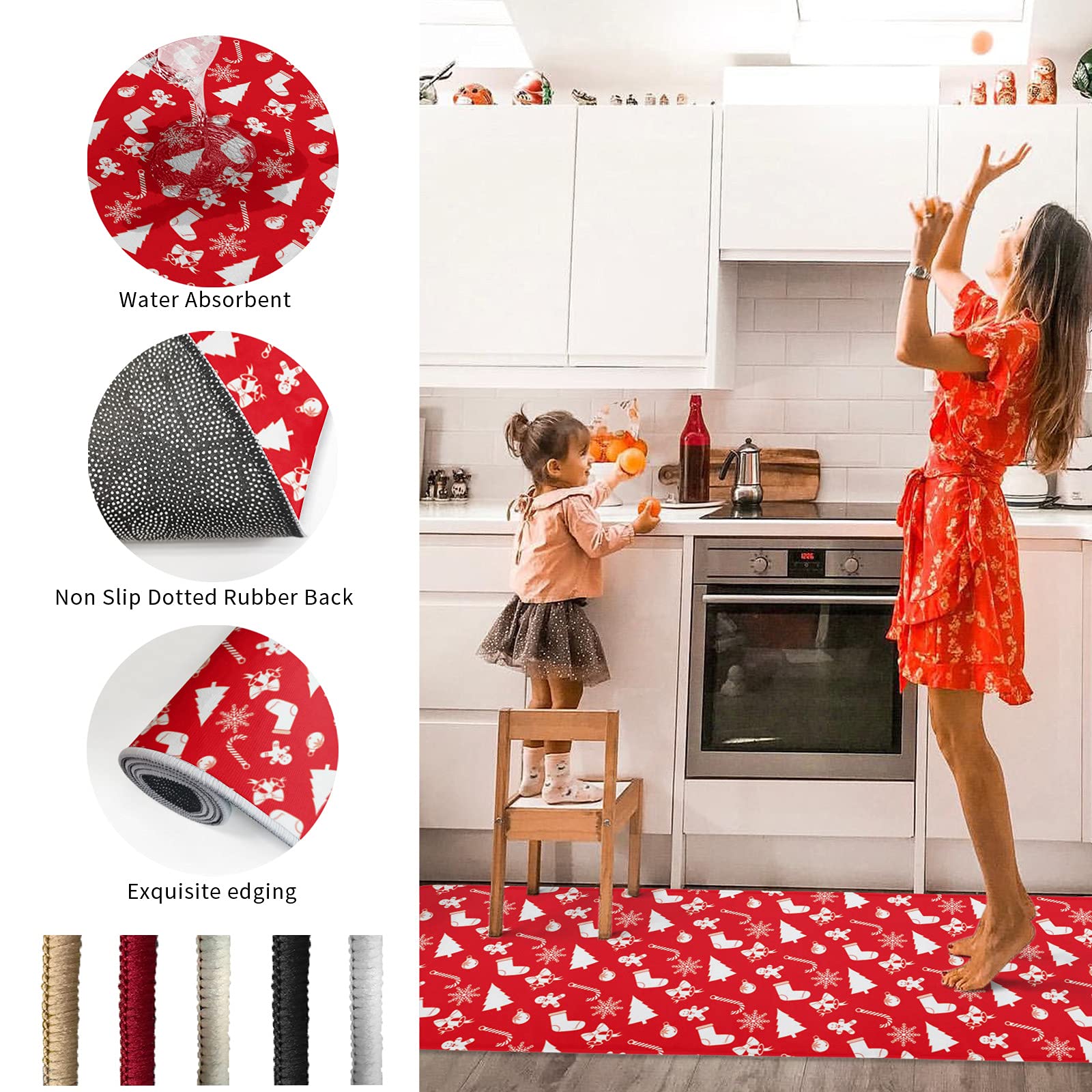 Christmas Gingerbread Man Non-Slip Kitchen Runner Rug - Red Holiday Themed Floor Mat for Laundry, Bedside, Bathroom & Bedroom - Set of 2 - Perfect for Festive Home Decor & Winter Safety
