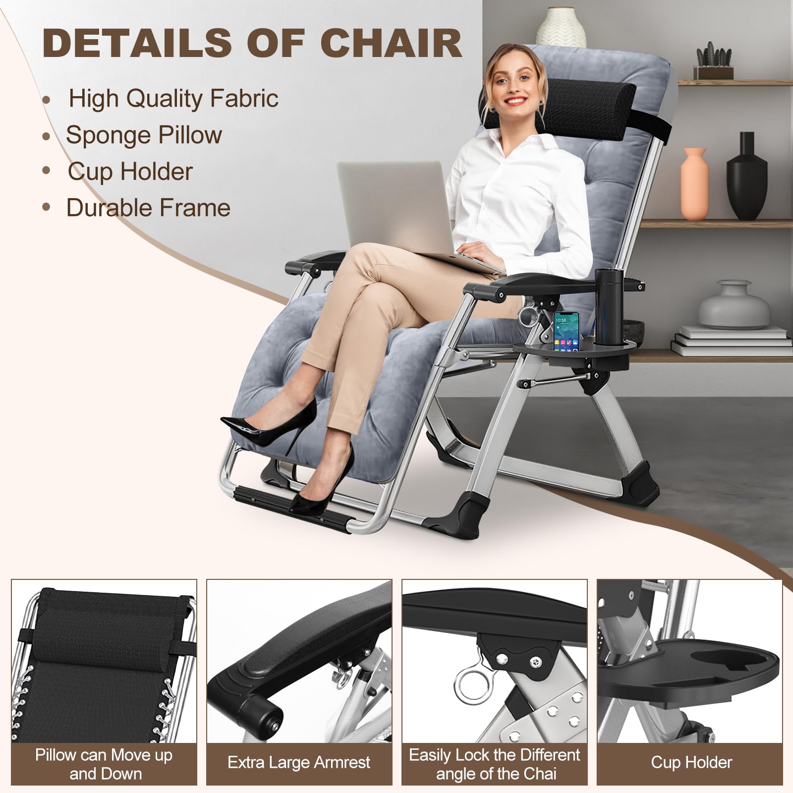 DoCred Comfortable Folding Recliner Chair with Removable Cushion - Indoor Outdoor Lounge Chair for Bedroom, Living Room & Patio - Perfect for Relaxing, Sunbathing, and Hosting Guests