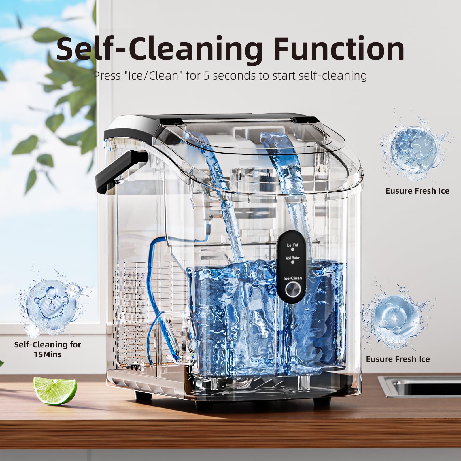 Antarctic Star Portable Countertop Ice Maker with Soft Chewable Pellet Ice - 34Lbs/24H Output, Self-Cleaning Pebble Ice Machine, One-Touch Operation for Kitchen, Bar, Office, and RV - Stainless Steel Black Design