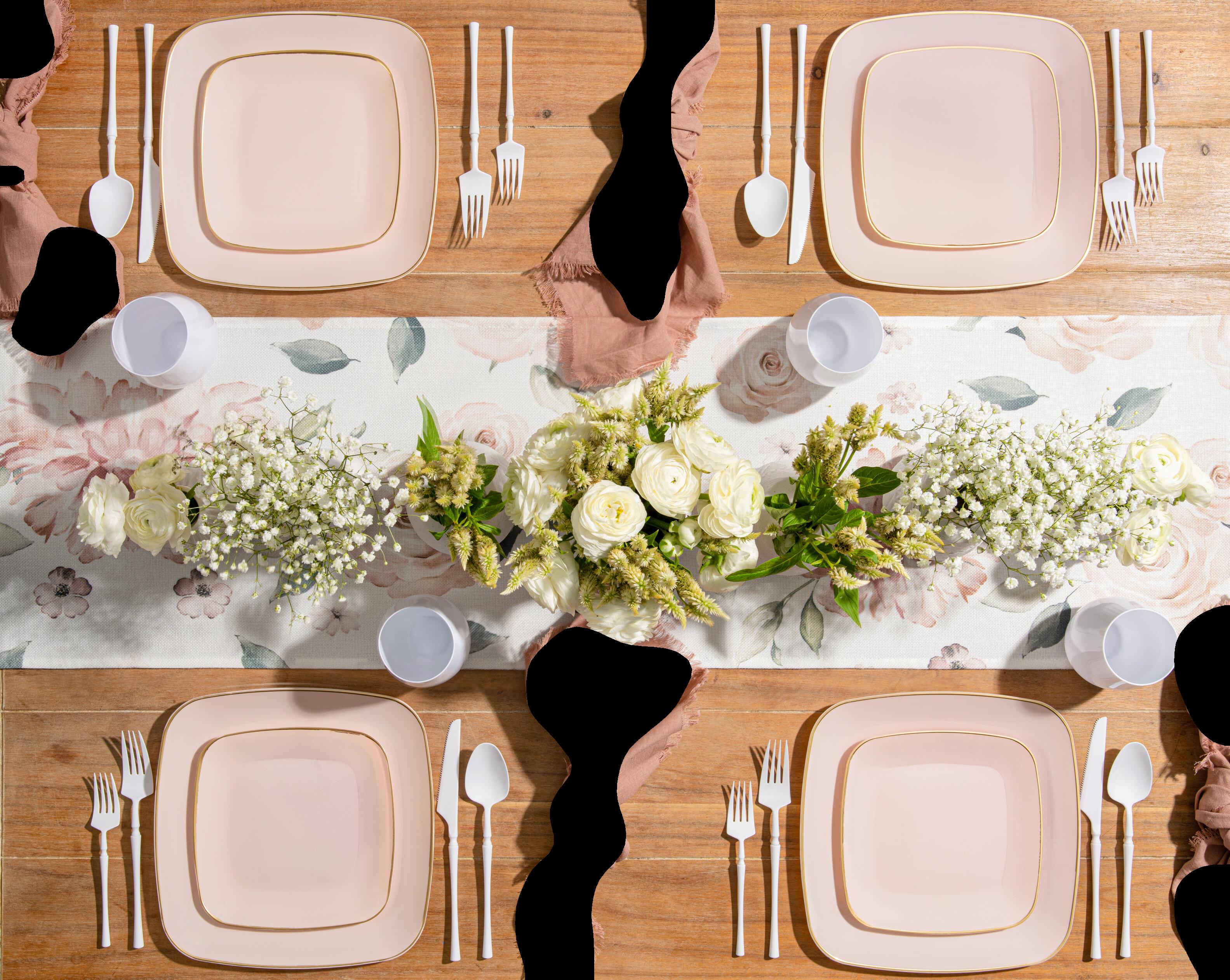 Pink and Gold Plastic Party Bundle - Classic Square Disposable Plates, Cups & Cutlery Set for Birthday, Wedding & Baby Shower Events
