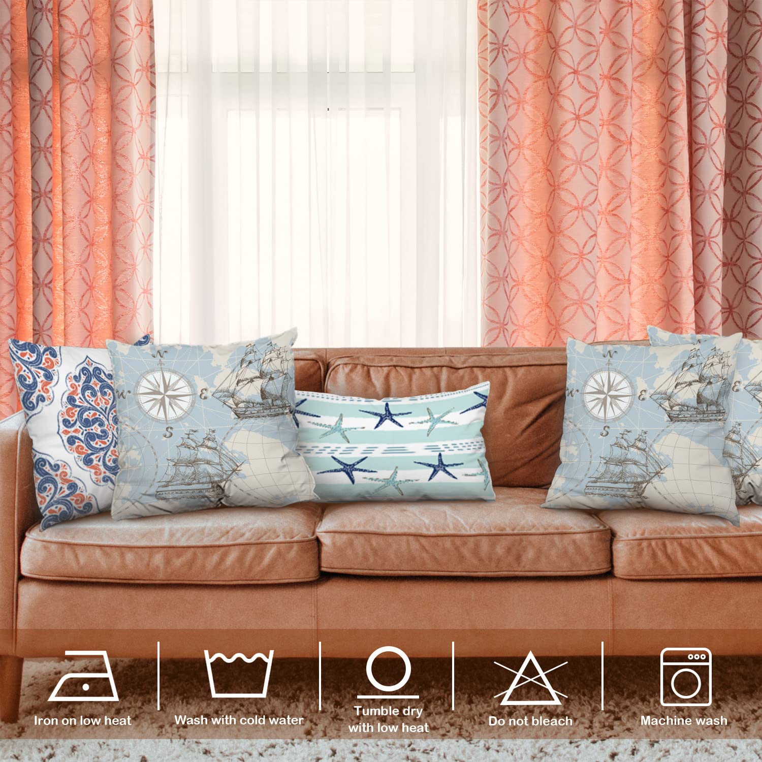 Nautical Decorative Pillow Covers 18x18 Inch - Ocean Map with Compass & Sailboat Design, Cotton Square Cushion Covers for Sofa, Bed, Boat or Beach House Decor