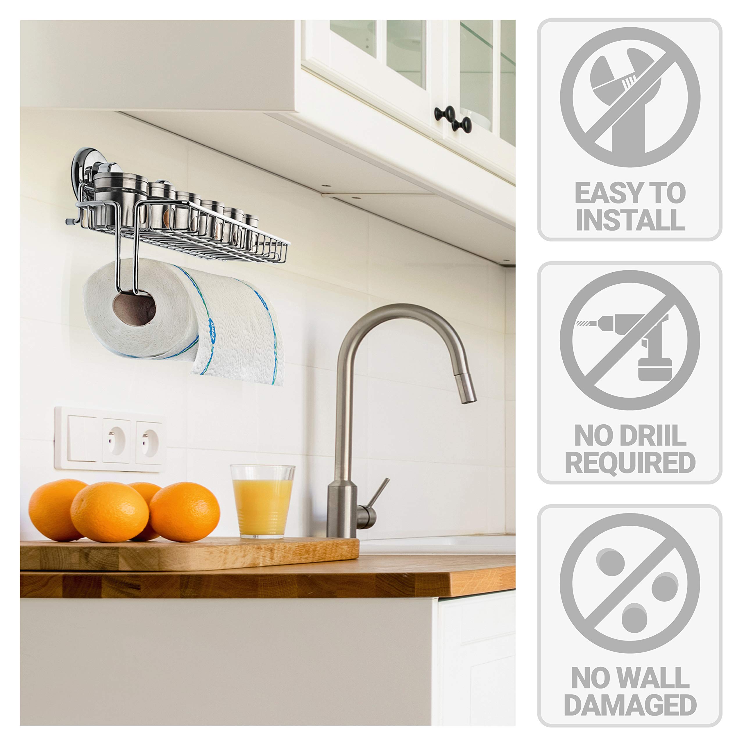 Stainless Steel Wall Mount Paper Towel Holder with Shelf & Hooks - SUS 304 Metal Organizer for Kitchen, Bathroom - Chrome Tissue Roll Hanger - Space Saving Storage Solution for Small Spaces & RVs