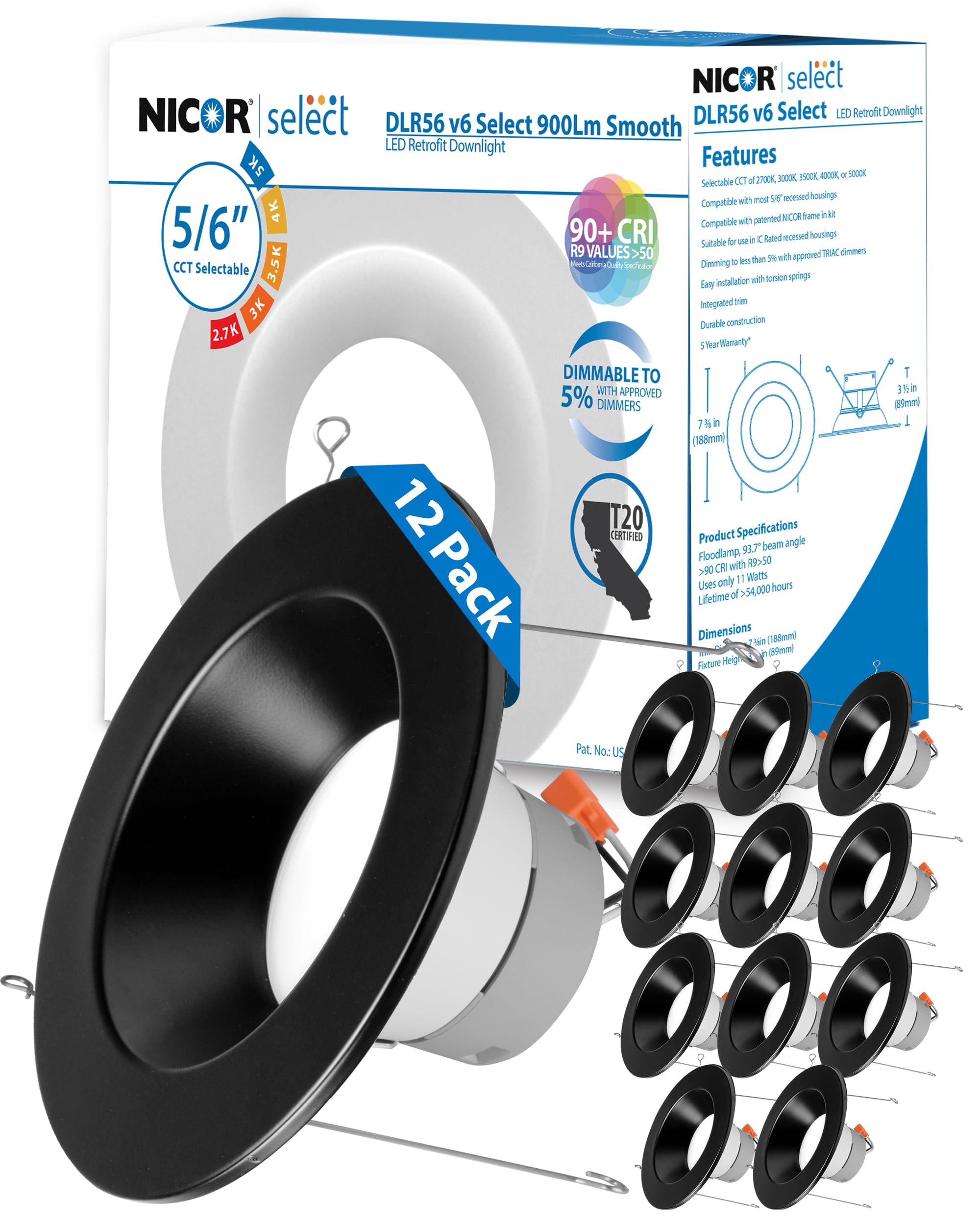 NICOR Lighting 5/6 Inch LED Recessed Ceiling Lights - Dimmable Downlight Fixtures with Selectable CCT (2700K-5000K), 918 Lumens, 10.3W - DLR56 LED Retrofit Light for Home, Office & Commercial Spaces - Black (12-Pack)