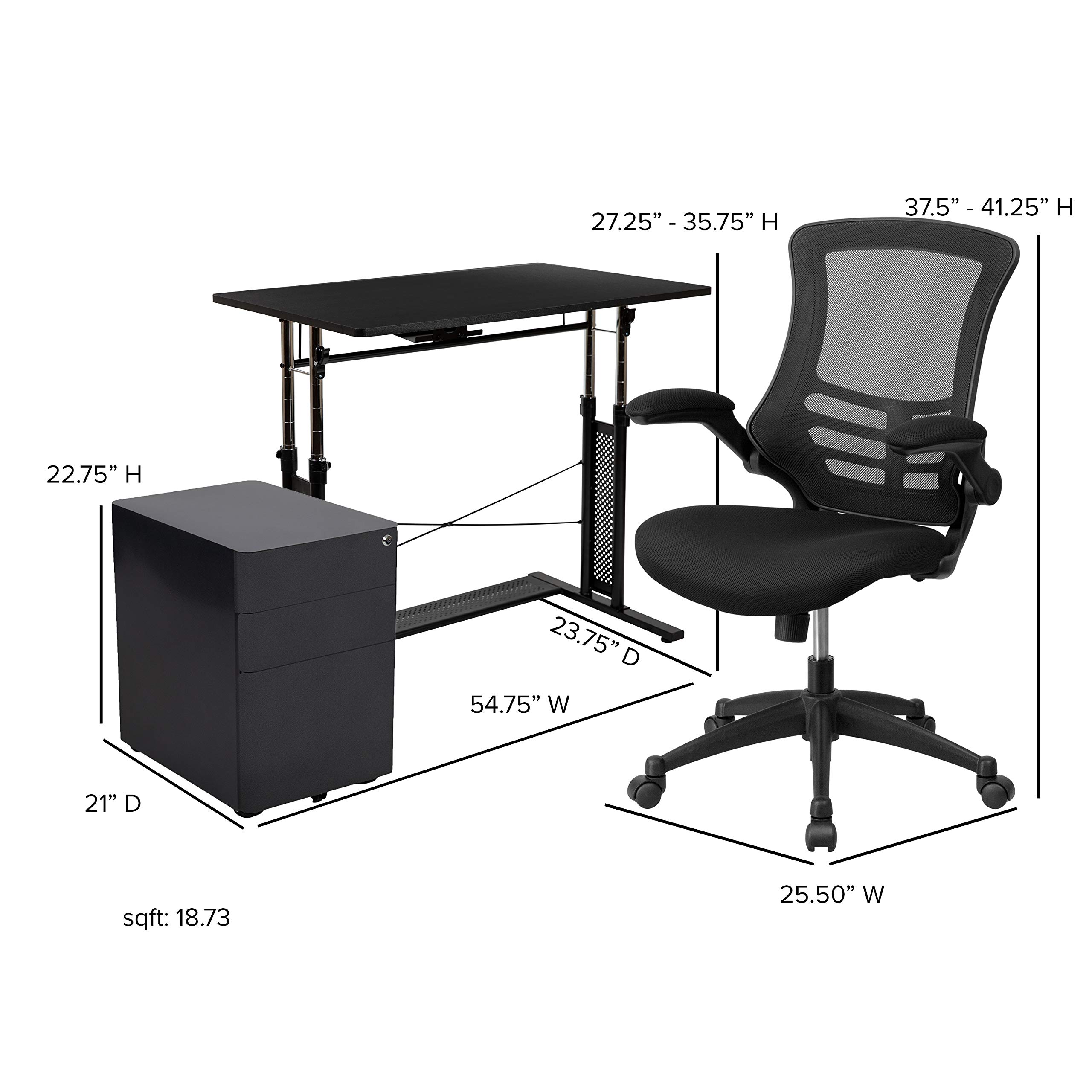 EMMA + OLIVER Adjustable Standing Desk with Ergonomic Mesh Office Chair & Filing Cabinet - Complete Home Office Set for Remote Work, Study & Productivity