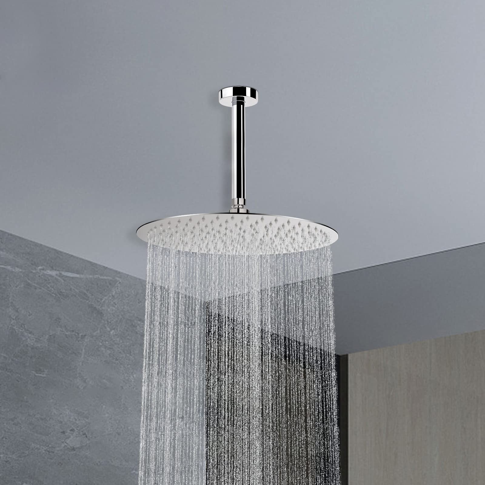 HarJue 6 Inch Chrome Ceiling Mounted Shower Arm - Stainless Steel Rain Shower Extension with Flange & Teflon Tape - Perfect for Fixed Shower Heads in Modern Bathrooms & Spa-Like Showers