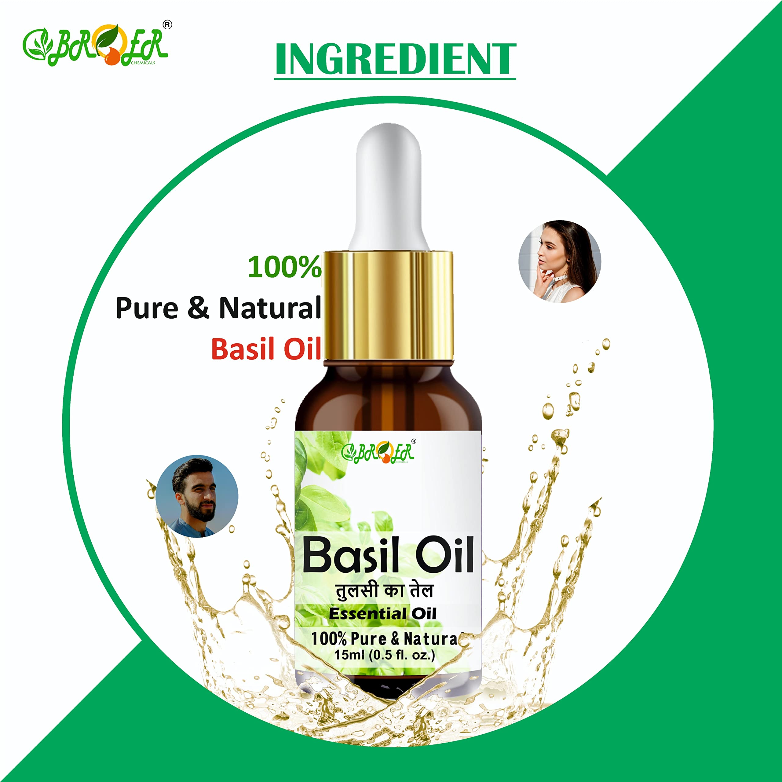 BROER 100% Pure Rosemary & Basil (Tulsi) Essential Oil Set for Hair Growth, Skin Moisturizing & Nourishment - Natural Undiluted Aromatherapy Oils (2x30ml) - Perfect for DIY Hair Care, Massage & Relaxation at Home