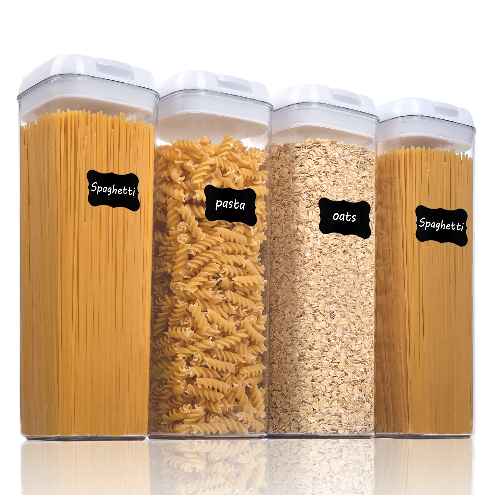 Vtopmart 4-Piece Airtight Food Storage Containers Set - BPA Free Plastic Spaghetti Keepers with Secure Locking Lids - Perfect for Kitchen Pantry Organization, Dry Food Storage & Meal Prep - Includes 24 Labels for Easy Identification