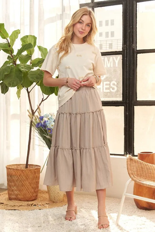 Rhinestone Tiered Taupe Skirt for Women - Elegant Midi Skirt with Rhinestone Details for Party, Wedding & Special Occasions