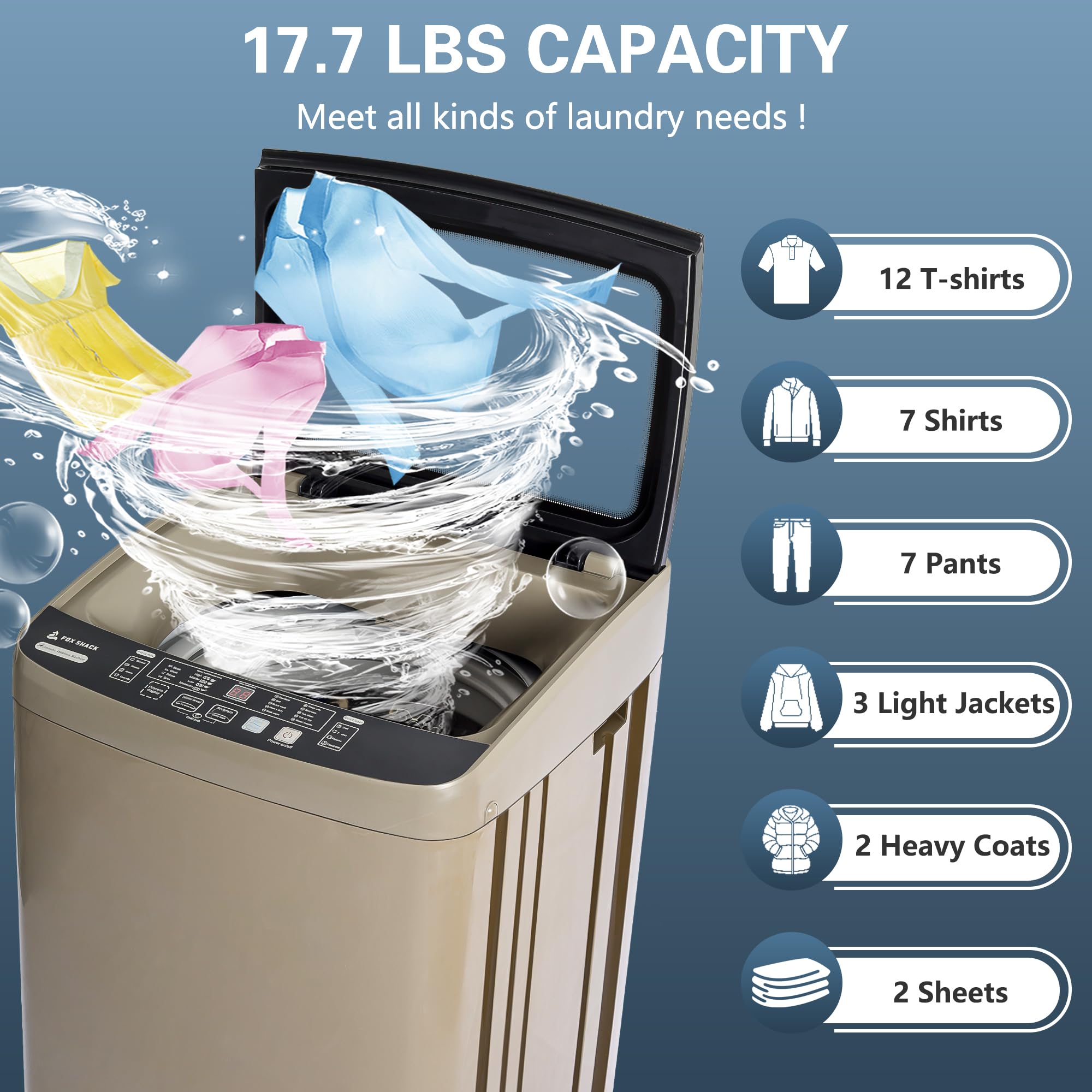 Compact Automatic Washing Machine 17.7LBS Capacity - Portable Washer with Glass Lid, 10 Programs & LED Display - 8 Water Level Options for Apartments, RV, Dorm - Perfect for Small Space Laundry & Travel Use (Gold)