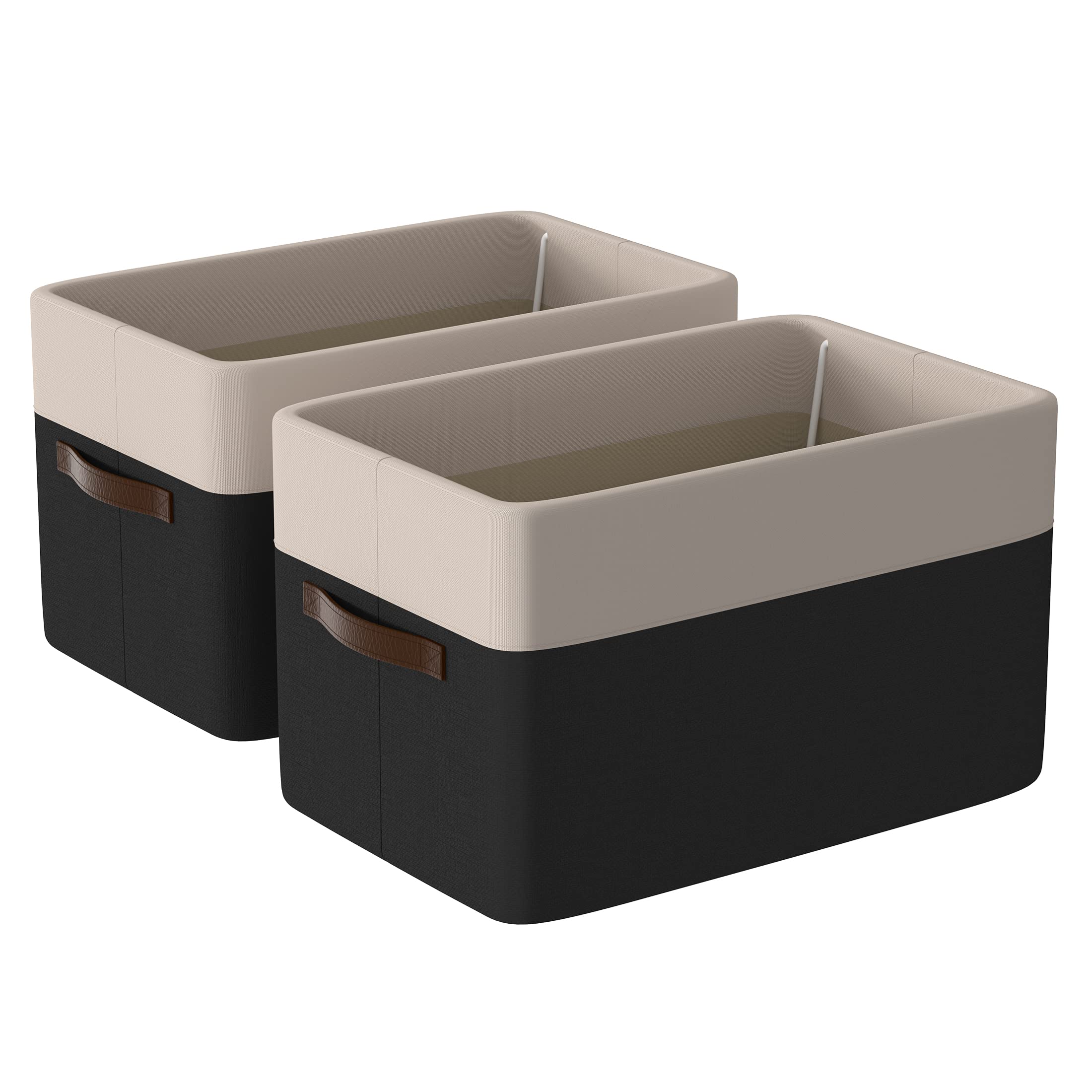 2 Pack Foldable Fabric Storage Baskets with Steel Frame & PU Leather Handles - Decorative Organizer Bins for Shelves, Closet, Home & Office - Perfect for Bedroom, Bathroom, Kids Room & Laundry Organization