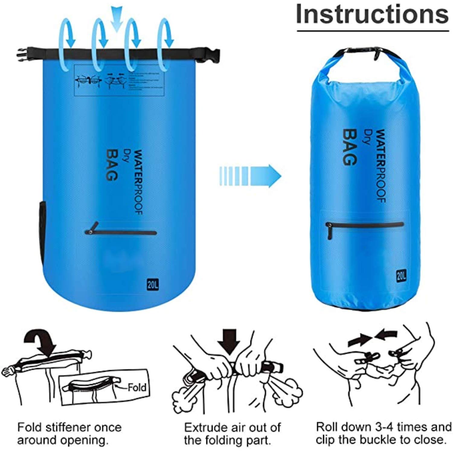 Lightweight Waterproof Dry Bag Backpack for Camping, Kayaking, Boating & Swimming - Floating Sack with 2 Exterior Zip Pockets | Perfect for Outdoor Adventures, Beach Trips & Water Sports (Blue, 10L)